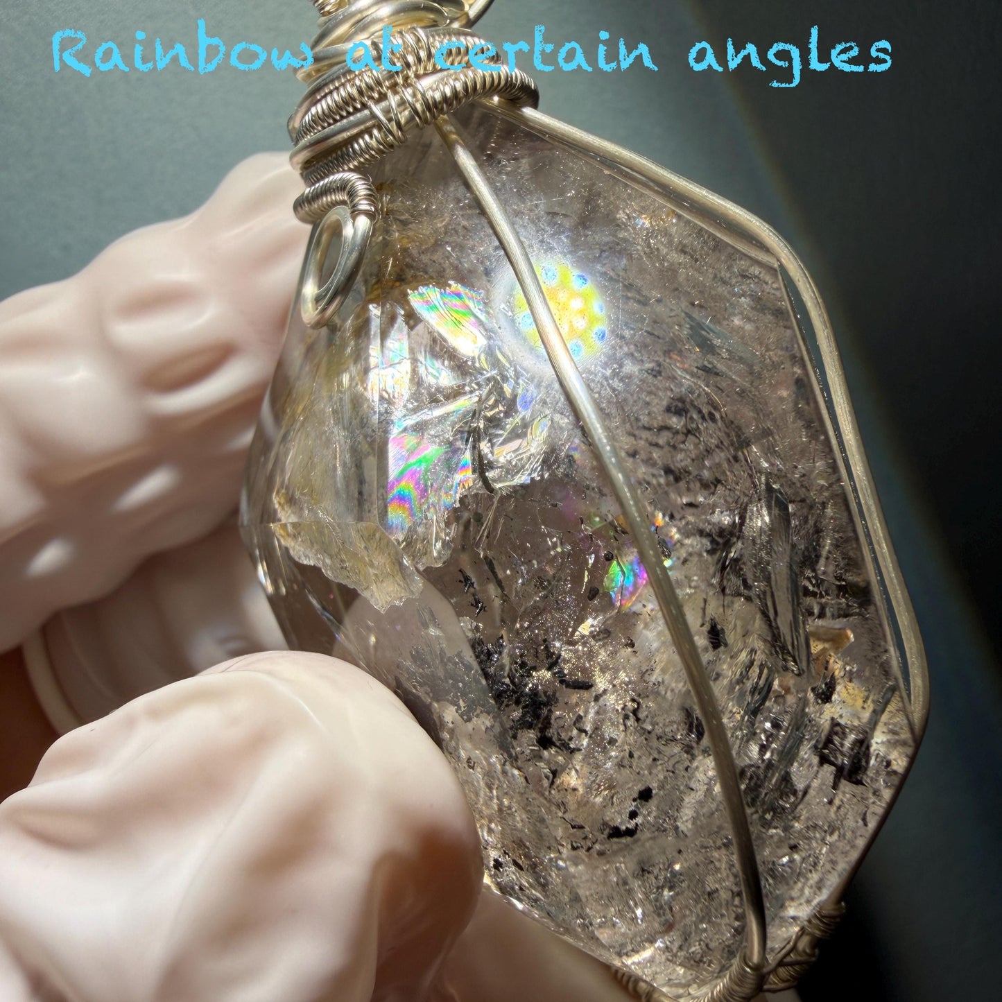 Polished Enhydro Quartz (Herkimer Diamond) Wire Wrapped Pendant Adjustable Necklace: Rainbow!  Moving Ink-like Sand Waterfall, Shifting Big Bubble and Yellow Hematoid Inclusion Crystal | Natural Gemstone Birthstone Gift for her men necklace chakra crystal purify stone minerals specimen adjustable choker silver pendant inclusion crystal inclusion quartz jewelry rainbow quartz choker necklace enhydro crystal S925 silver pendant minerals specimen yellow hematoid inclusion