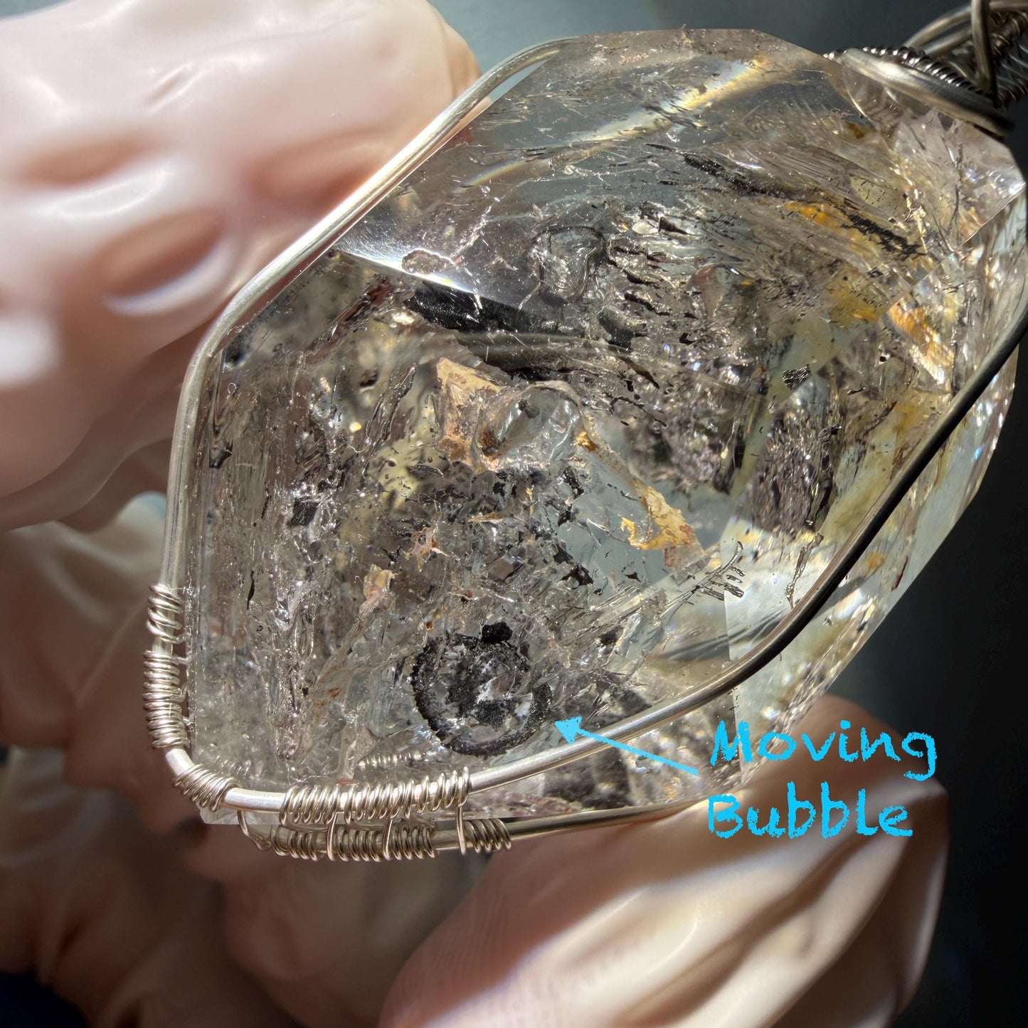 Polished Enhydro Quartz (Herkimer Diamond) Wire Wrapped Pendant Adjustable Necklace: Rainbow!  Moving Ink-like Sand Waterfall, Shifting Big Bubble and Yellow Hematoid Inclusion Crystal | Natural Gemstone Birthstone Gift for her men necklace chakra crystal purify stone minerals specimen adjustable choker silver pendant inclusion crystal inclusion quartz jewelry rainbow quartz choker necklace enhydro crystal S925 silver pendant minerals specimen yellow hematoid inclusion