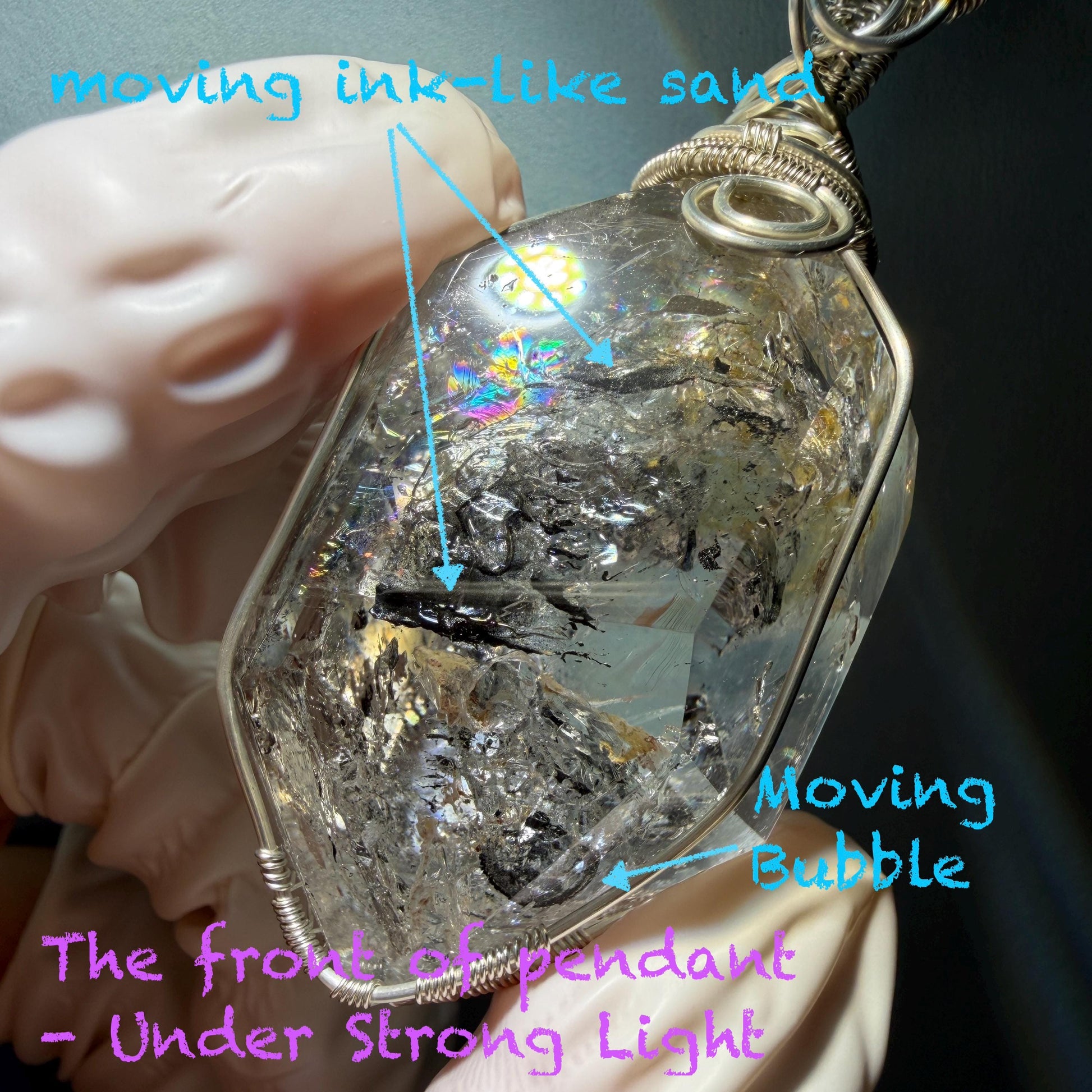 Polished Enhydro Quartz (Herkimer Diamond) Wire Wrapped Pendant Adjustable Necklace: Rainbow!  Moving Ink-like Sand Waterfall, Shifting Big Bubble and Yellow Hematoid Inclusion Crystal | Natural Gemstone Birthstone Gift for her men necklace chakra crystal purify stone minerals specimen adjustable choker silver pendant inclusion crystal inclusion quartz jewelry rainbow quartz choker necklace enhydro crystal S925 silver pendant minerals specimen yellow hematoid inclusion