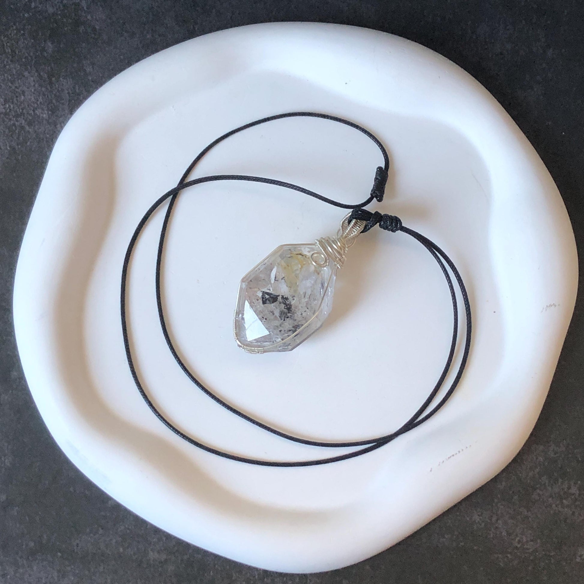 Polished Enhydro Quartz (Herkimer Diamond) Wire Wrapped Pendant Adjustable Necklace: Rainbow!  Moving Ink-like Sand Waterfall, Shifting Big Bubble and Yellow Hematoid Inclusion Crystal | Natural Gemstone Birthstone Gift for her men necklace chakra crystal purify stone minerals specimen adjustable choker silver pendant inclusion crystal inclusion quartz jewelry rainbow quartz choker necklace enhydro crystal S925 silver pendant minerals specimen yellow hematoid inclusion