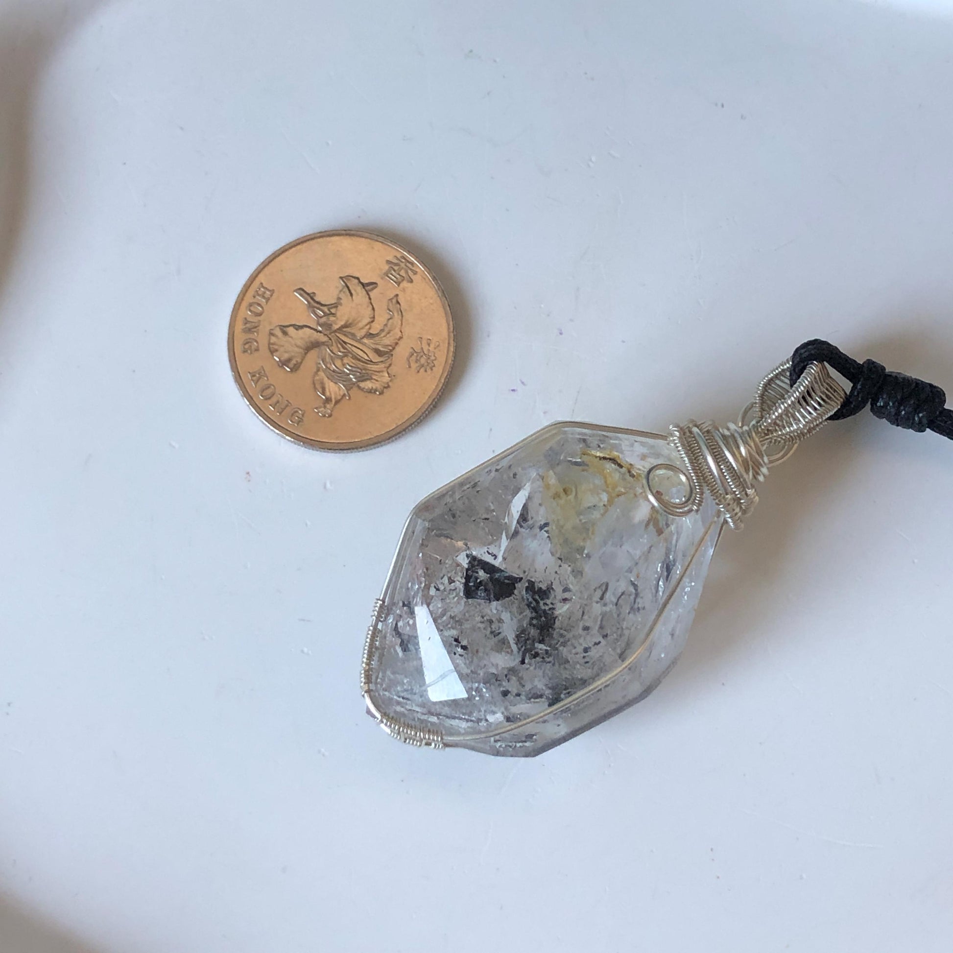 Polished Enhydro Quartz (Herkimer Diamond) Wire Wrapped Pendant Adjustable Necklace: Rainbow!  Moving Ink-like Sand Waterfall, Shifting Big Bubble and Yellow Hematoid Inclusion Crystal | Natural Gemstone Birthstone Gift for her men necklace chakra crystal purify stone minerals specimen adjustable choker silver pendant inclusion crystal inclusion quartz jewelry rainbow quartz choker necklace enhydro crystal S925 silver pendant minerals specimen yellow hematoid inclusion