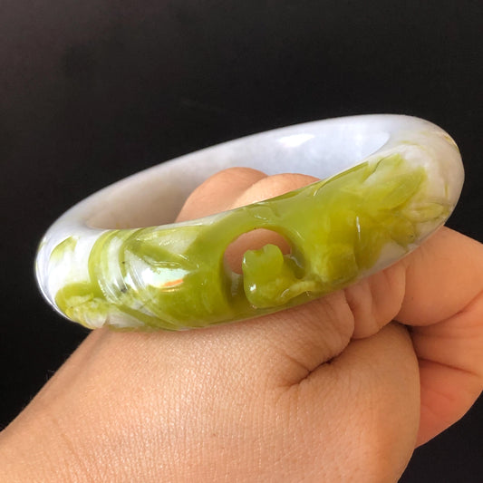 54.5mm Xiu Jade Serpentine Hand Carved Cat in Bamboo Forest Bangle: Natural White Green Bi-colour Jade Handcrafted Bracelet, Stone Carving Gemstone Jewelry Gift for her Green jade White Jade jade carving 3D stone carving cat bracelet kitten bracelet cat carving handcrafted bangle chinese jade cat lover gift natural untreated jade vintage bangle antique bracelet bamboo carving