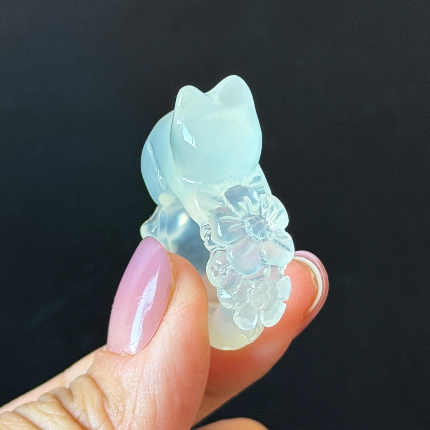 Custom Size! Xiu Jade Serpentine Hand Carved Cat Kitten and Flowers Ring: Natural Icy White Jade Customised Statement Ring tailor made ring personalized ring personalised ring Band Ring gift for her carving cat carving hand engraved statement ring flower carving hand carved flower natural untreated jade handcrafted jade ring 3D carving Stone carving Gemstone Carving cat Lover gift jade cocktail ring jade band ring kitten ring kitten carving