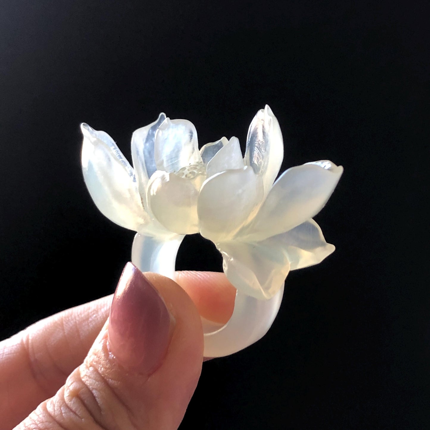 Custom Size! Xiu Jade Serpentine Hand Carved Lotus Flower Ring: Natural Icy White Jade Customised Statement Ring tailor made ring personalized ring personalised ring Band Ring gift for her carving cat carving hand engraved statement ring flower carving hand carved flower natural untreated jade handcrafted jade ring 3D carving Stone carving Gemstone Carving lotus Lover gift jade cocktail ring jade band ring lotus ring hand carved lotus ring chinese jade make to order ring
