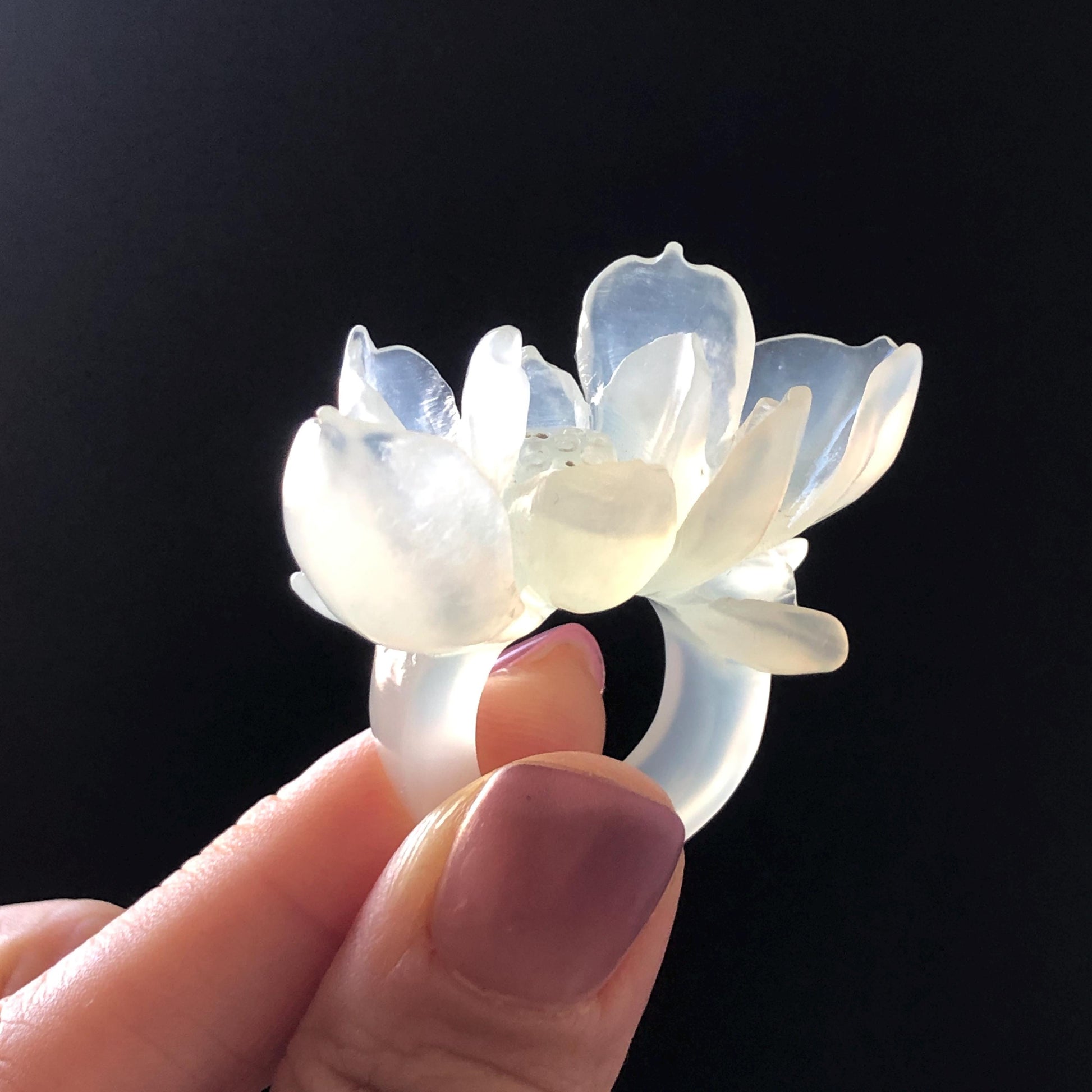 Custom Size! Xiu Jade Serpentine Hand Carved Lotus Flower Ring: Natural Icy White Jade Customised Statement Ring tailor made ring personalized ring personalised ring Band Ring gift for her carving cat carving hand engraved statement ring flower carving hand carved flower natural untreated jade handcrafted jade ring 3D carving Stone carving Gemstone Carving lotus Lover gift jade cocktail ring jade band ring lotus ring hand carved lotus ring chinese jade make to order ring