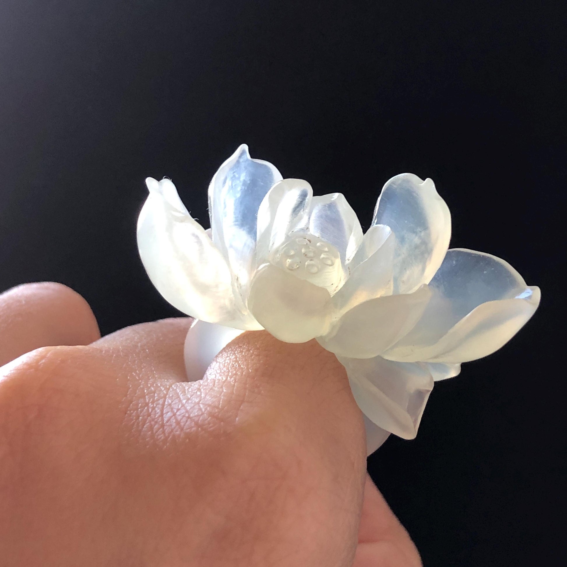 Custom Size! Xiu Jade Serpentine Hand Carved Lotus Flower Ring: Natural Icy White Jade Customised Statement Ring tailor made ring personalized ring personalised ring Band Ring gift for her carving cat carving hand engraved statement ring flower carving hand carved flower natural untreated jade handcrafted jade ring 3D carving Stone carving Gemstone Carving lotus Lover gift jade cocktail ring jade band ring lotus ring hand carved lotus ring chinese jade make to order ring