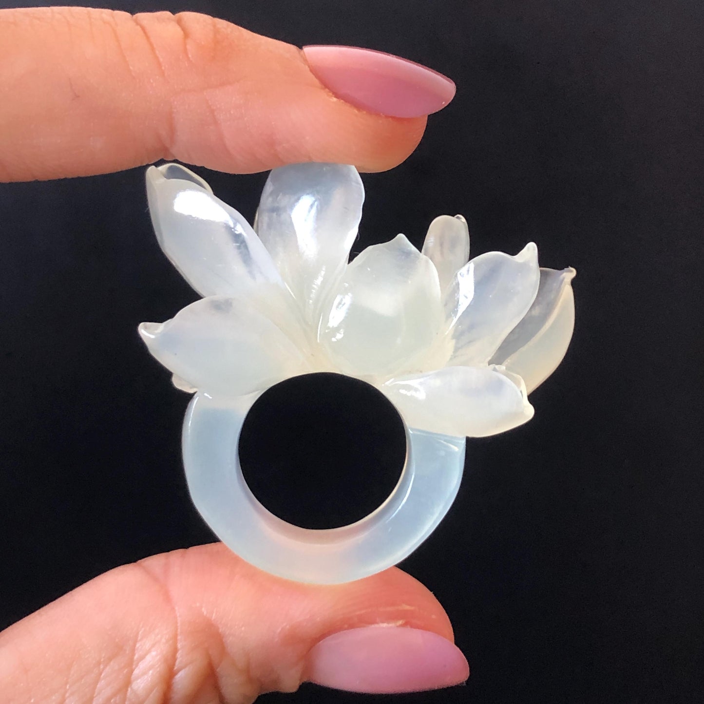 Custom Size! Xiu Jade Serpentine Hand Carved Lotus Flower Ring: Natural Icy White Jade Customised Statement Ring tailor made ring personalized ring personalised ring Band Ring gift for her carving cat carving hand engraved statement ring flower carving hand carved flower natural untreated jade handcrafted jade ring 3D carving Stone carving Gemstone Carving lotus Lover gift jade cocktail ring jade band ring lotus ring hand carved lotus ring chinese jade make to order ring