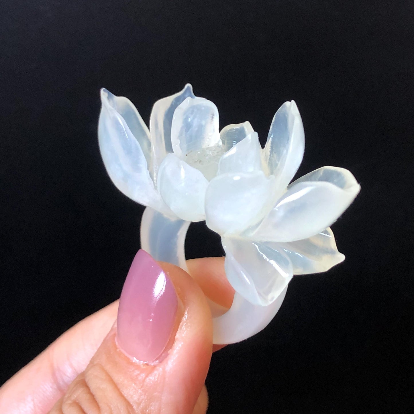 Custom Size! Xiu Jade Serpentine Hand Carved Lotus Flower Ring: Natural Icy White Jade Customised Statement Ring tailor made ring personalized ring personalised ring Band Ring gift for her carving cat carving hand engraved statement ring flower carving hand carved flower natural untreated jade handcrafted jade ring 3D carving Stone carving Gemstone Carving lotus Lover gift jade cocktail ring jade band ring lotus ring hand carved lotus ring chinese jade make to order ring