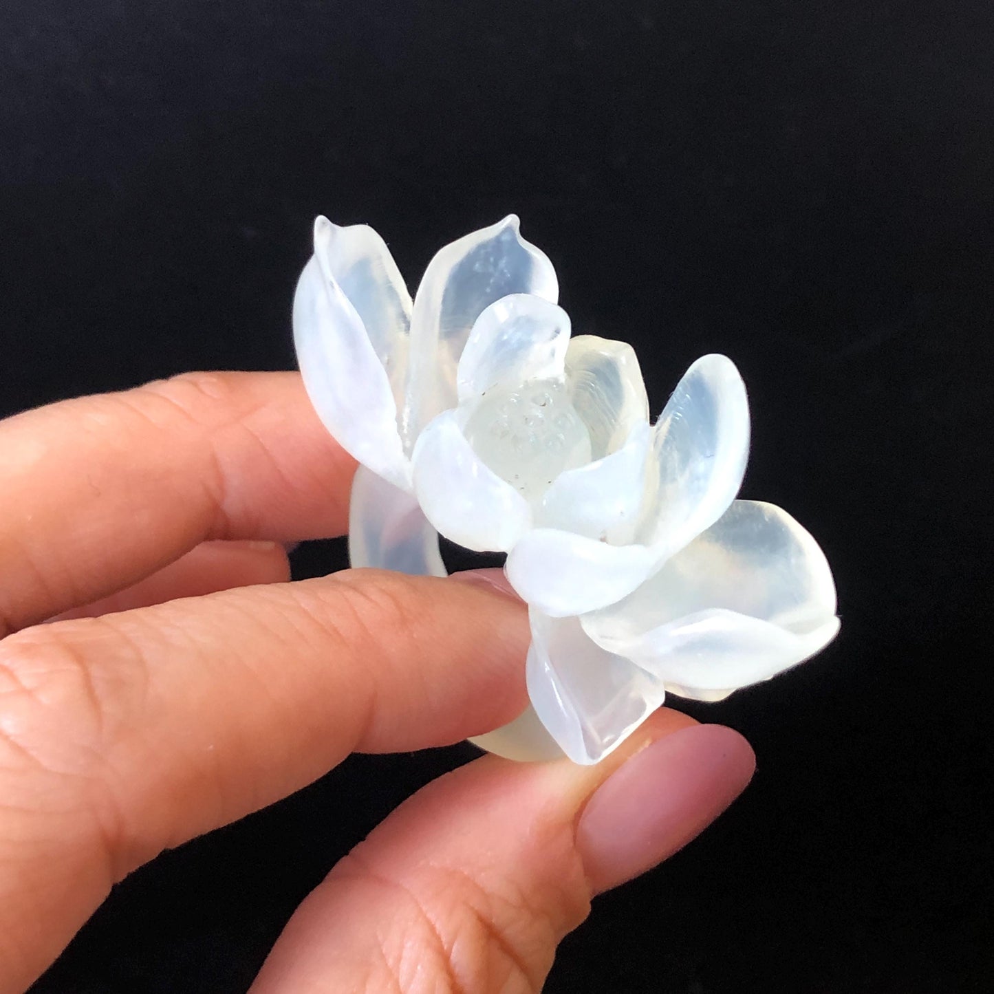 Custom Size! Xiu Jade Serpentine Hand Carved Lotus Flower Ring: Natural Icy White Jade Customised Statement Ring tailor made ring personalized ring personalised ring Band Ring gift for her carving cat carving hand engraved statement ring flower carving hand carved flower natural untreated jade handcrafted jade ring 3D carving Stone carving Gemstone Carving lotus Lover gift jade cocktail ring jade band ring lotus ring hand carved lotus ring chinese jade make to order ring