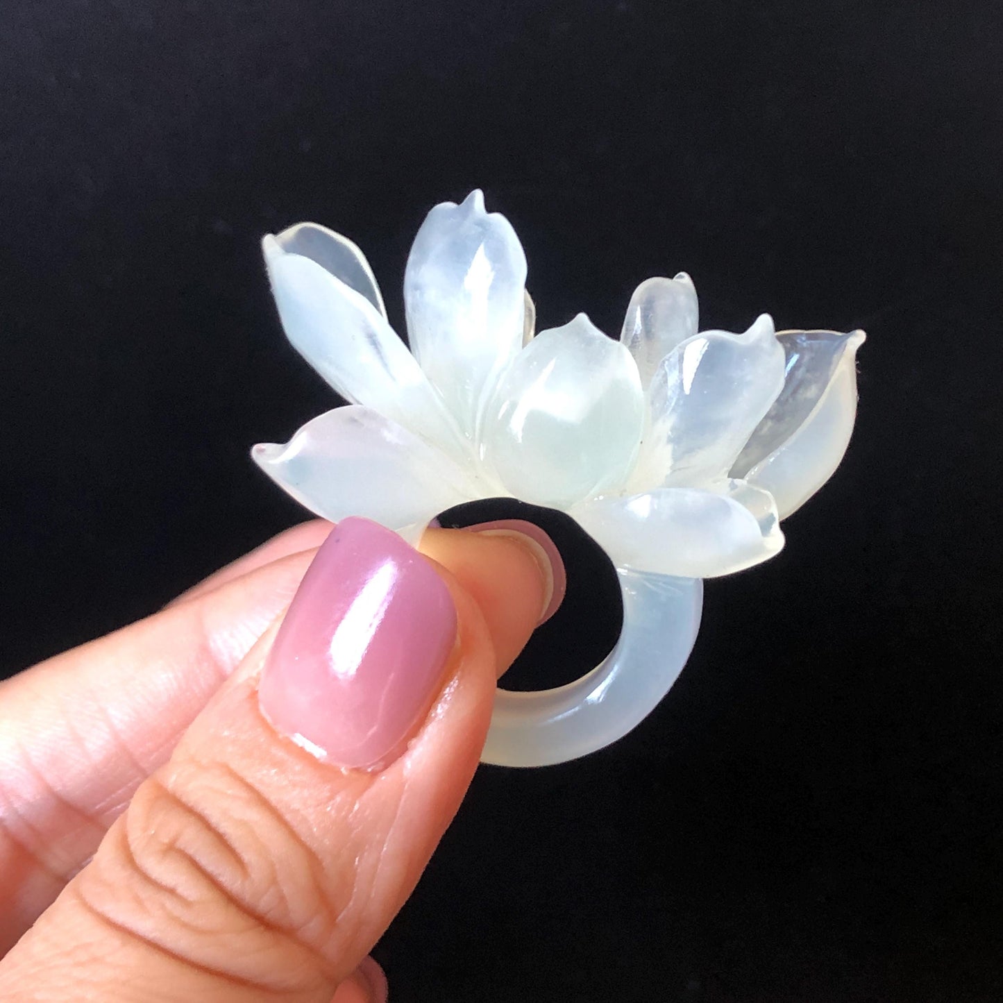 Custom Size! Xiu Jade Serpentine Hand Carved Lotus Flower Ring: Natural Icy White Jade Customised Statement Ring tailor made ring personalized ring personalised ring Band Ring gift for her carving cat carving hand engraved statement ring flower carving hand carved flower natural untreated jade handcrafted jade ring 3D carving Stone carving Gemstone Carving lotus Lover gift jade cocktail ring jade band ring lotus ring hand carved lotus ring chinese jade make to order ring