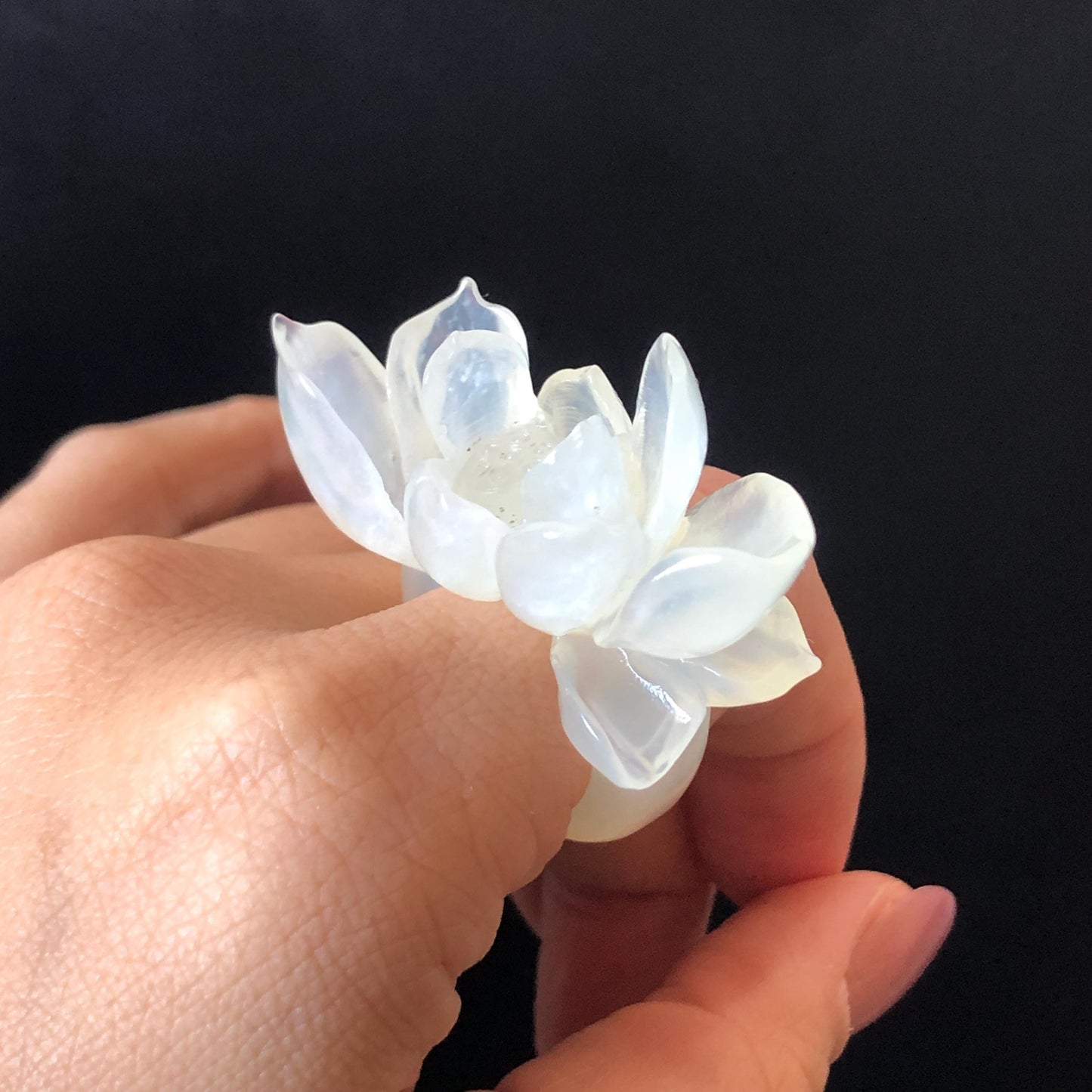 Custom Size! Xiu Jade Serpentine Hand Carved Lotus Flower Ring: Natural Icy White Jade Customised Statement Ring tailor made ring personalized ring personalised ring Band Ring gift for her carving cat carving hand engraved statement ring flower carving hand carved flower natural untreated jade handcrafted jade ring 3D carving Stone carving Gemstone Carving lotus Lover gift jade cocktail ring jade band ring lotus ring hand carved lotus ring chinese jade make to order ring