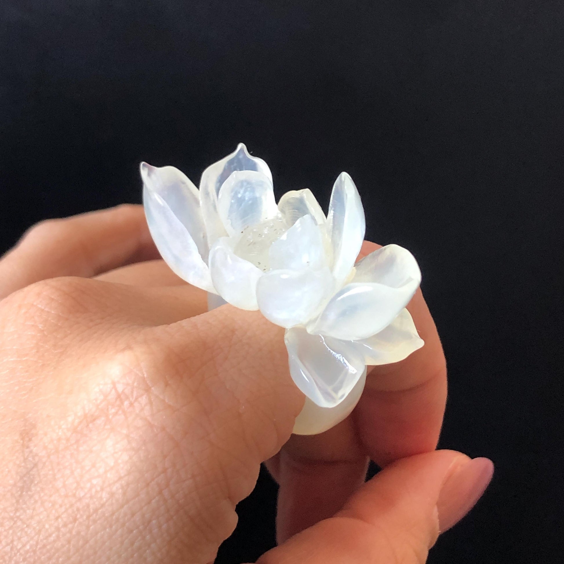 Custom Size! Xiu Jade Serpentine Hand Carved Lotus Flower Ring: Natural Icy White Jade Customised Statement Ring tailor made ring personalized ring personalised ring Band Ring gift for her carving cat carving hand engraved statement ring flower carving hand carved flower natural untreated jade handcrafted jade ring 3D carving Stone carving Gemstone Carving lotus Lover gift jade cocktail ring jade band ring lotus ring hand carved lotus ring chinese jade make to order ring