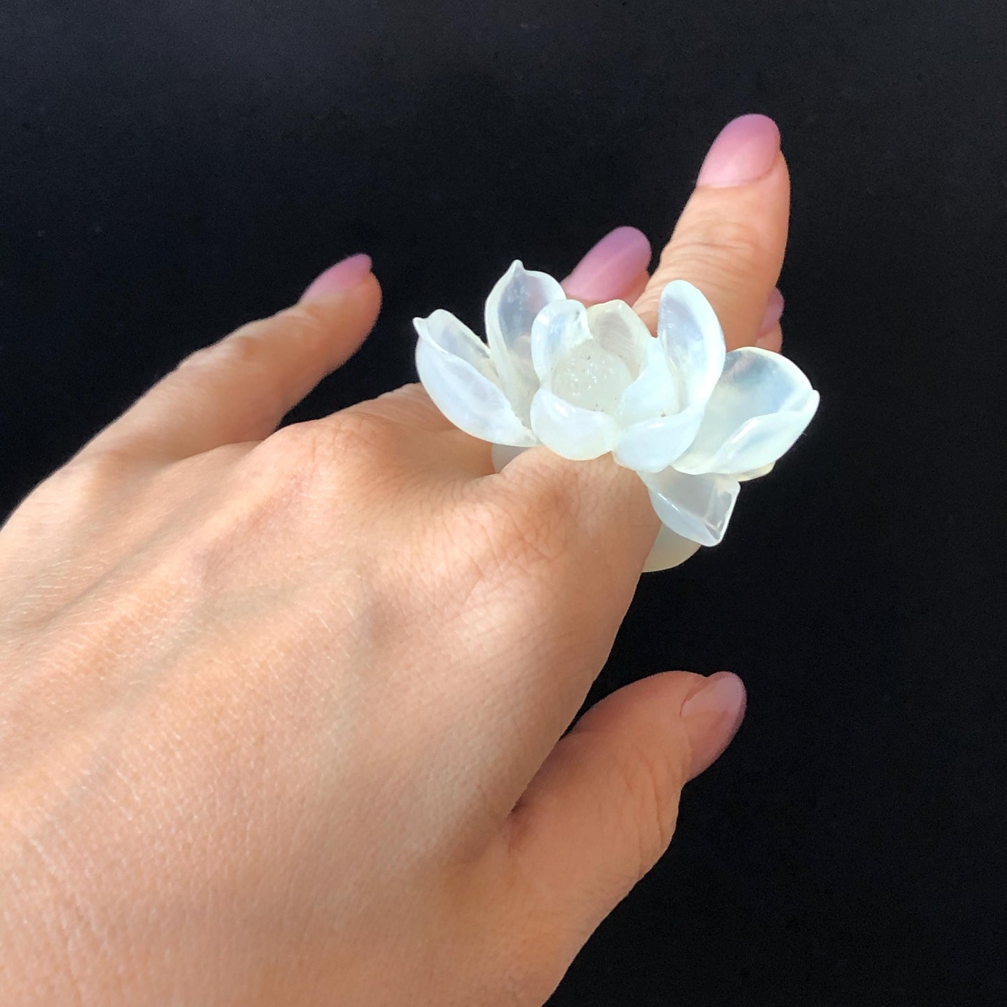 Custom Size! Xiu Jade Serpentine Hand Carved Lotus Flower Ring: Natural Icy White Jade Customised Statement Ring tailor made ring personalized ring personalised ring Band Ring gift for her carving cat carving hand engraved statement ring flower carving hand carved flower natural untreated jade handcrafted jade ring 3D carving Stone carving Gemstone Carving lotus Lover gift jade cocktail ring jade band ring lotus ring hand carved lotus ring chinese jade make to order ring