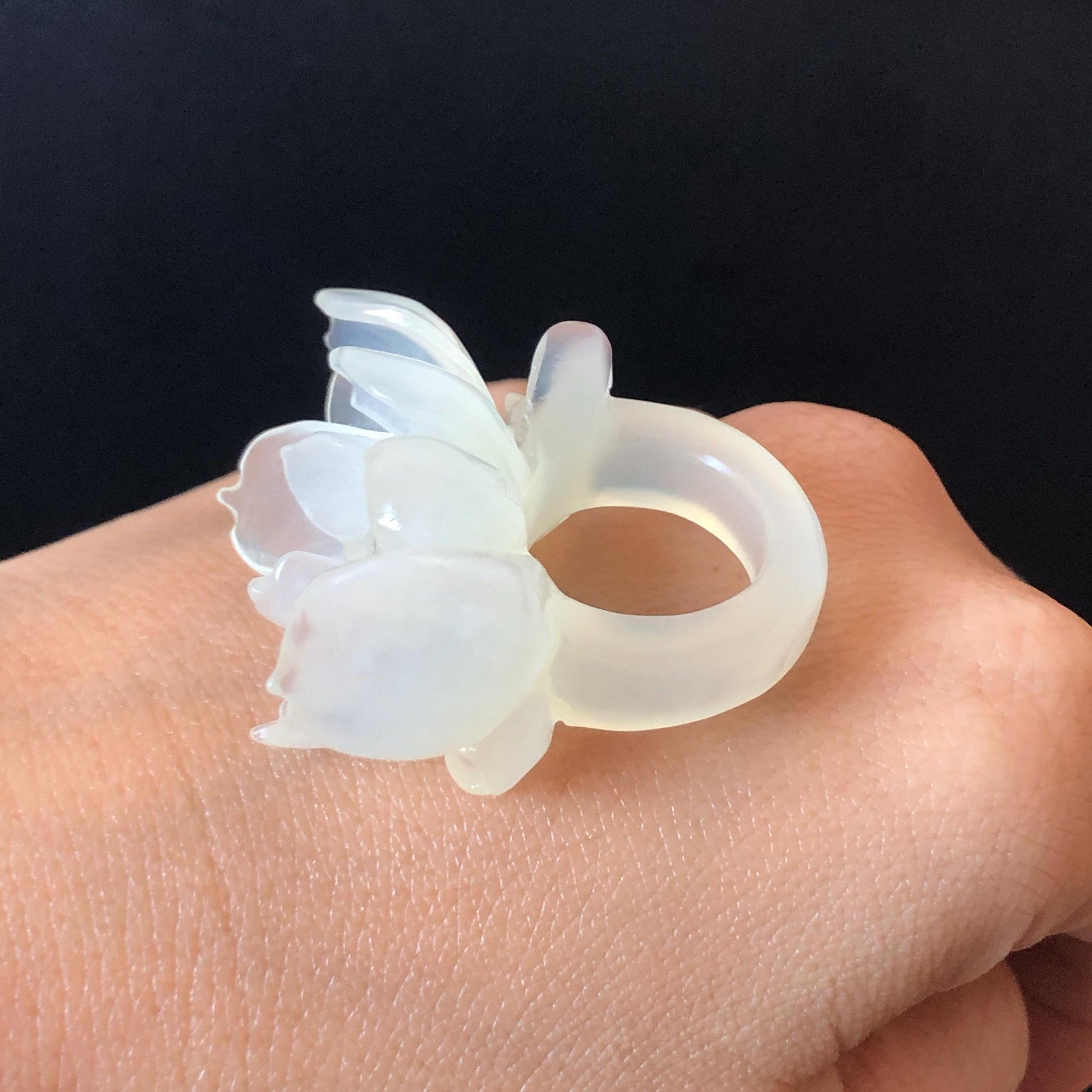 Custom Size! Xiu Jade Serpentine Hand Carved Lotus Flower Ring: Natural Icy White Jade Customised Statement Ring tailor made ring personalized ring personalised ring Band Ring gift for her carving cat carving hand engraved statement ring flower carving hand carved flower natural untreated jade handcrafted jade ring 3D carving Stone carving Gemstone Carving lotus Lover gift jade cocktail ring jade band ring lotus ring hand carved lotus ring chinese jade make to order ring