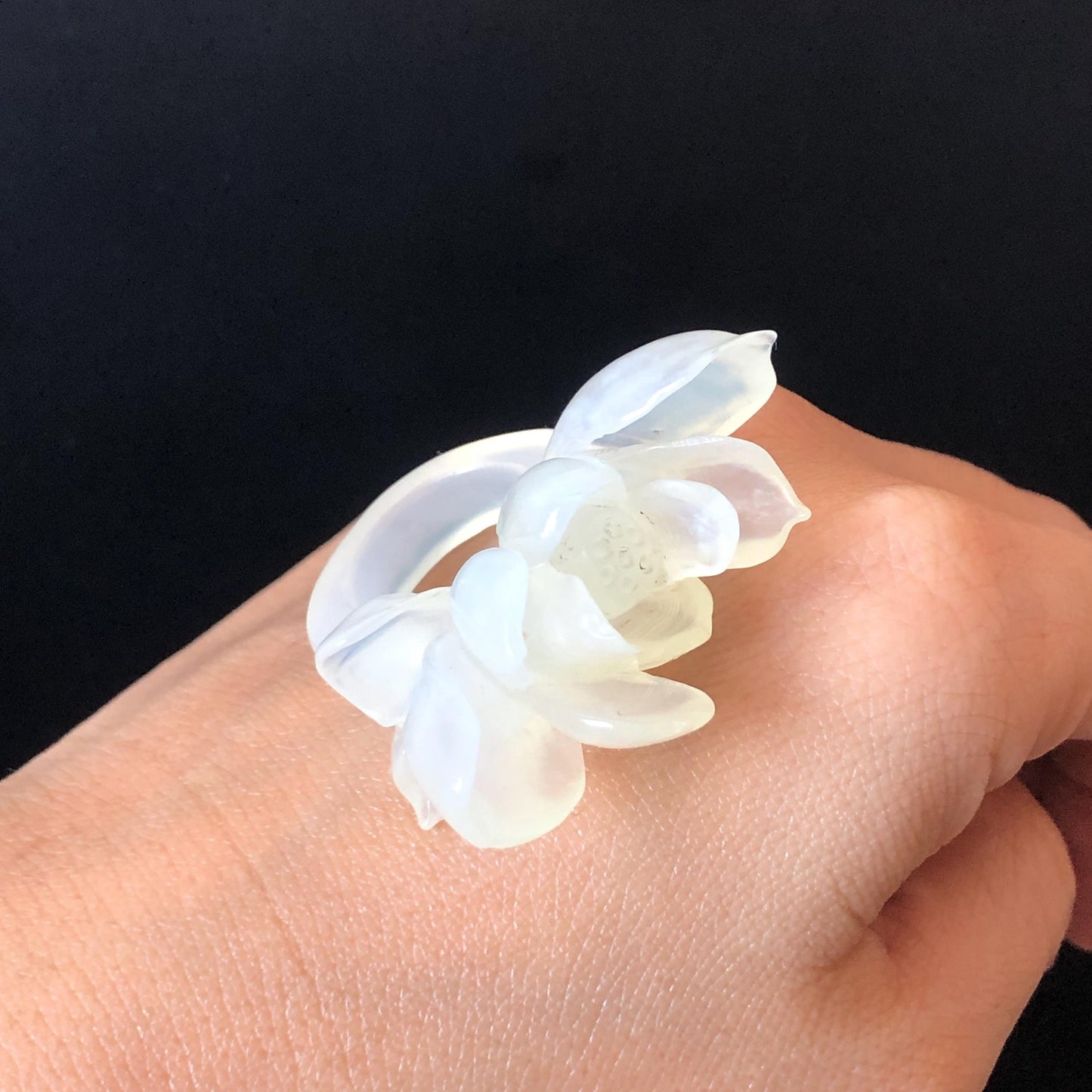 Custom Size! Xiu Jade Serpentine Hand Carved Lotus Flower Ring: Natural Icy White Jade Customised Statement Ring tailor made ring personalized ring personalised ring Band Ring gift for her carving cat carving hand engraved statement ring flower carving hand carved flower natural untreated jade handcrafted jade ring 3D carving Stone carving Gemstone Carving lotus Lover gift jade cocktail ring jade band ring lotus ring hand carved lotus ring chinese jade make to order ring
