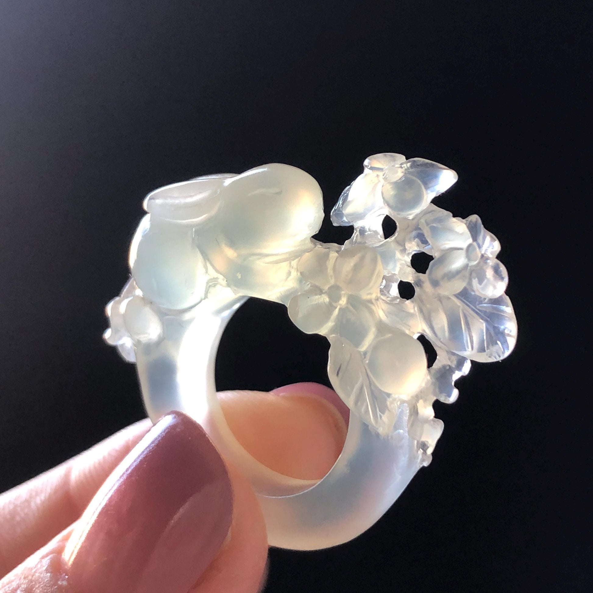 Custom Size! Xiu Jade Serpentine Hand Carved Rabbit Bunny and Flowers Ring: Natural Icy White Jade Customised 3D stone carving Statement Ring  tailor made ring personalized ring personalised ring Band Ring gift for her carving rabbit carving hand engraved statement ring flower carving hand carved flower natural untreated jade handcrafted jade ring 3D carving Stone carving Gemstone Carving rabbit Lover gift jade cocktail ring jade band ring kitten ring bunny carving