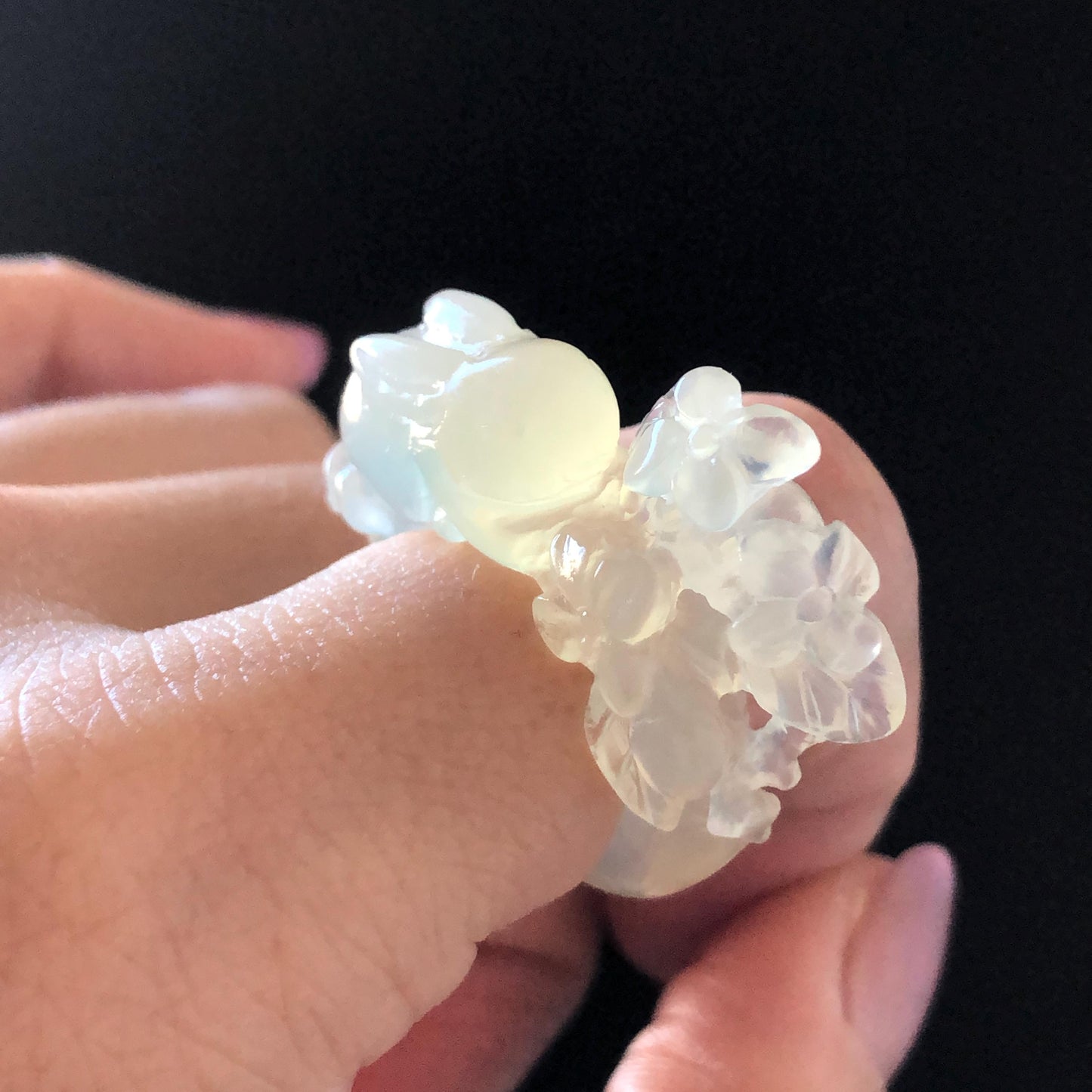 Custom Size! Xiu Jade Serpentine Hand Carved Rabbit Bunny and Flowers Ring: Natural Icy White Jade Customised 3D stone carving Statement Ring  tailor made ring personalized ring personalised ring Band Ring gift for her carving rabbit carving hand engraved statement ring flower carving hand carved flower natural untreated jade handcrafted jade ring 3D carving Stone carving Gemstone Carving rabbit Lover gift jade cocktail ring jade band ring kitten ring bunny carving