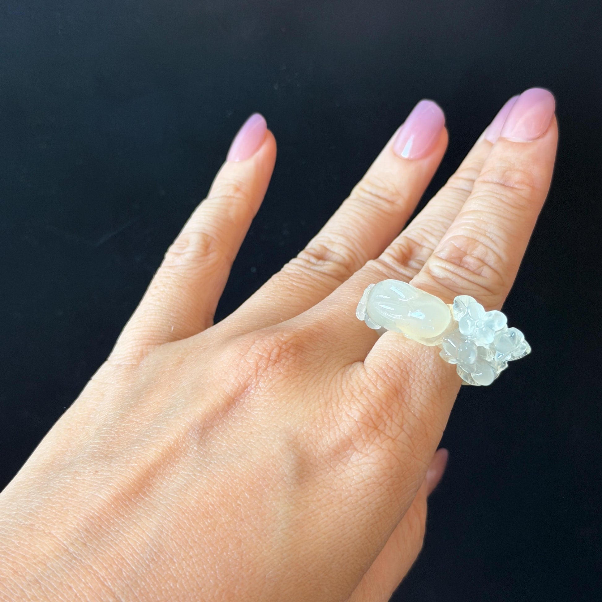 Custom Size! Xiu Jade Serpentine Hand Carved Rabbit Bunny and Flowers Ring: Natural Icy White Jade Customised 3D stone carving Statement Ring  tailor made ring personalized ring personalised ring Band Ring gift for her carving rabbit carving hand engraved statement ring flower carving hand carved flower natural untreated jade handcrafted jade ring 3D carving Stone carving Gemstone Carving rabbit Lover gift jade cocktail ring jade band ring kitten ring bunny carving