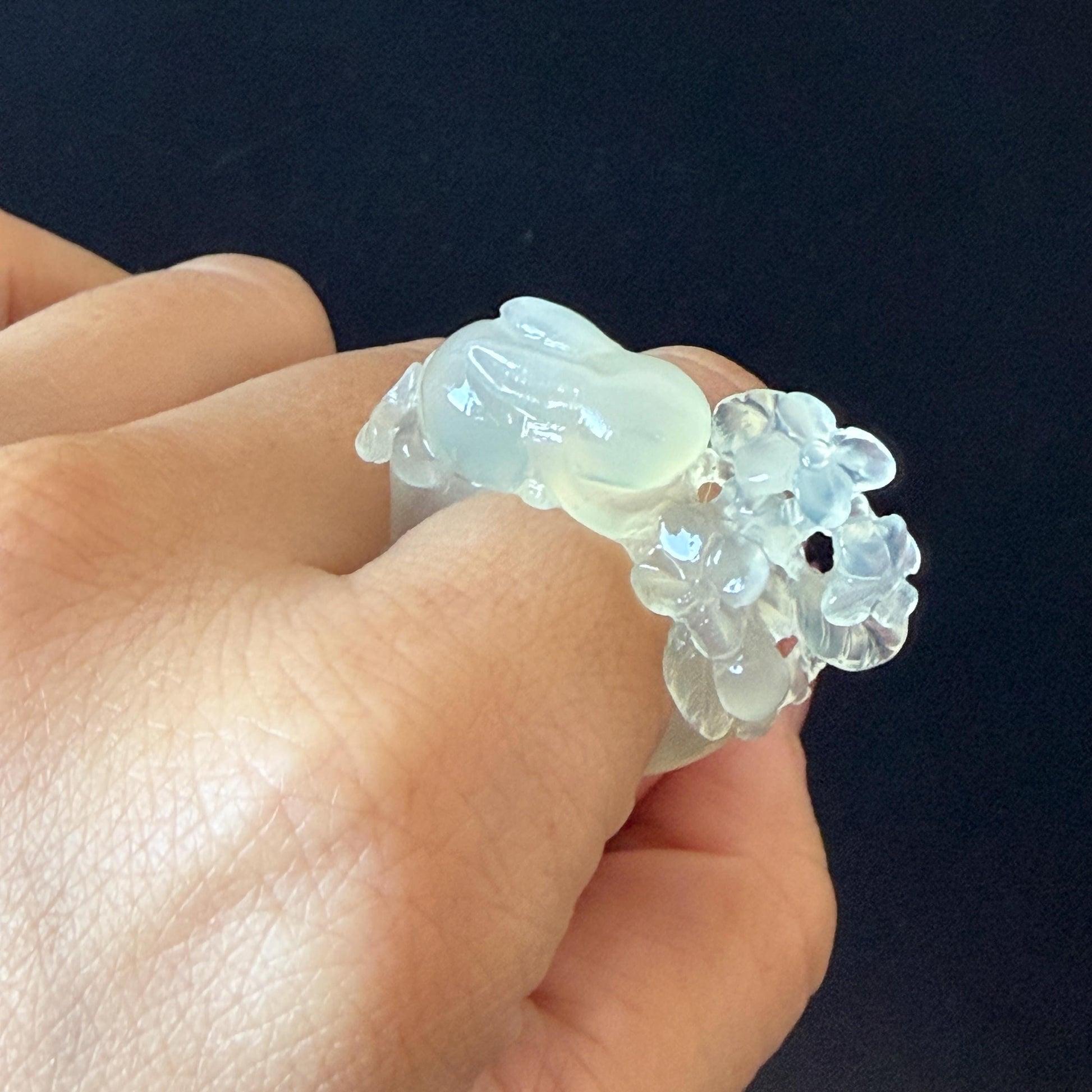 Custom Size! Xiu Jade Serpentine Hand Carved Rabbit Bunny and Flowers Ring: Natural Icy White Jade Customised 3D stone carving Statement Ring  tailor made ring personalized ring personalised ring Band Ring gift for her carving rabbit carving hand engraved statement ring flower carving hand carved flower natural untreated jade handcrafted jade ring 3D carving Stone carving Gemstone Carving rabbit Lover gift jade cocktail ring jade band ring kitten ring bunny carving