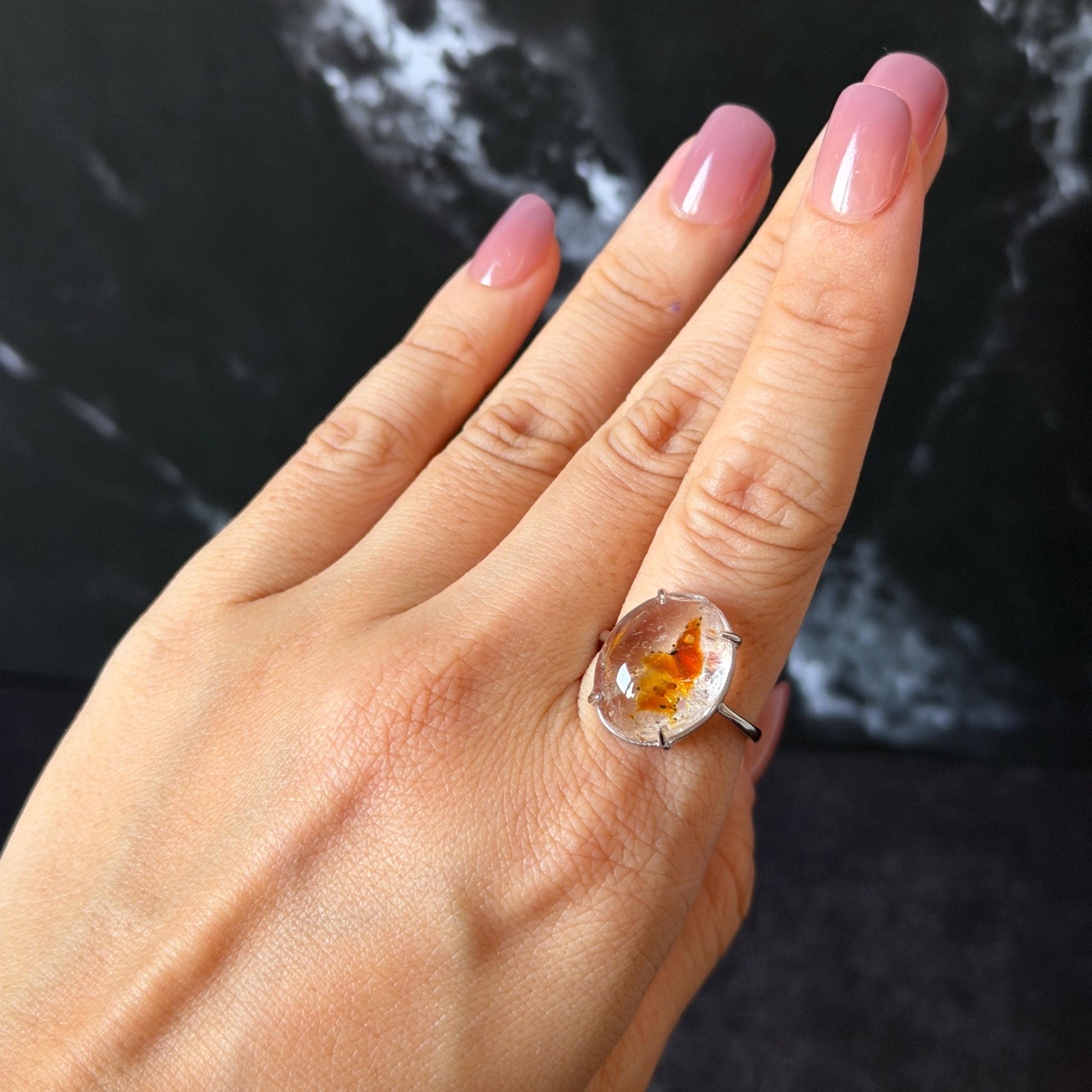 Polished Petroleum Enhydro Quartz S925 Silver Adjustable Ring: Moving Sand & Clear Bubble in Golden Red Petroleum Oil Inclusion | Natural Gemstone Birthstone Gift for her golden red oil enhydro quartz cocktail ring for women bold ring for men meditation rock healing stone chakra crystal big size ring crystal band ring herkimer diamond silver ring stackable ring women statement ring minerals specimen inclusion quartz inclusion crystal