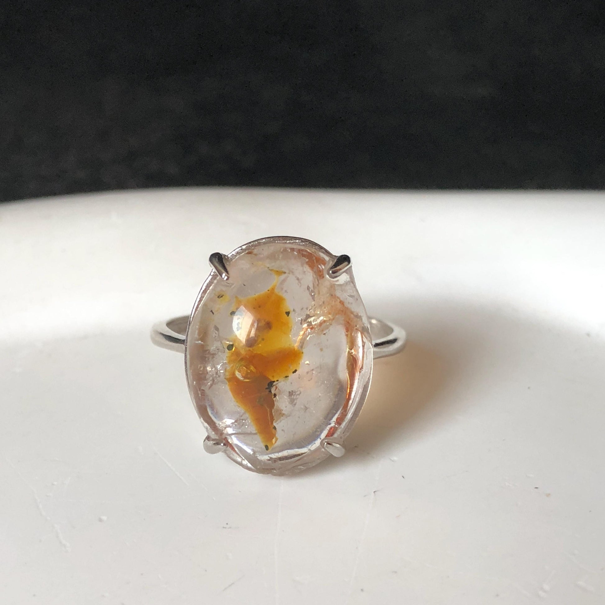 Polished Petroleum Enhydro Quartz S925 Silver Adjustable Ring: Moving Sand & Clear Bubble in Golden Red Petroleum Oil Inclusion | Natural Gemstone Birthstone Gift for her golden red oil enhydro quartz cocktail ring for women bold ring for men meditation rock healing stone chakra crystal big size ring crystal band ring herkimer diamond silver ring stackable ring women statement ring minerals specimen inclusion quartz inclusion crystal