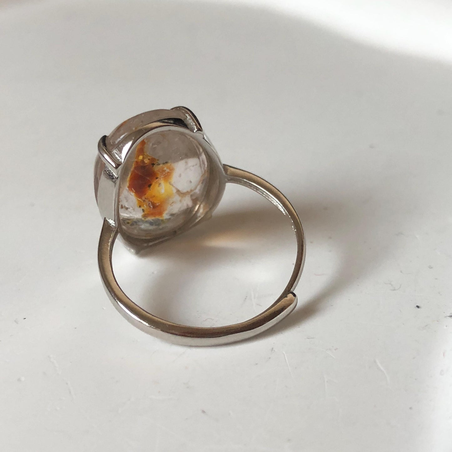 Polished Petroleum Enhydro Quartz S925 Silver Adjustable Ring: Moving Sand & Clear Bubble in Golden Red Petroleum Oil Inclusion | Natural Gemstone Birthstone Gift for her golden red oil enhydro quartz cocktail ring for women bold ring for men meditation rock healing stone chakra crystal big size ring crystal band ring herkimer diamond silver ring stackable ring women statement ring minerals specimen inclusion quartz inclusion crystal