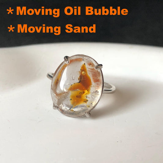 Polished Petroleum Enhydro Quartz S925 Silver Adjustable Ring: Moving Sand & Clear Bubble in Golden Red Petroleum Oil Inclusion | Natural Gemstone Birthstone Gift for her golden red oil enhydro quartz cocktail ring for women bold ring for men meditation rock healing stone chakra crystal big size ring crystal band ring herkimer diamond silver ring stackable ring women statement ring minerals specimen inclusion quartz inclusion crystal