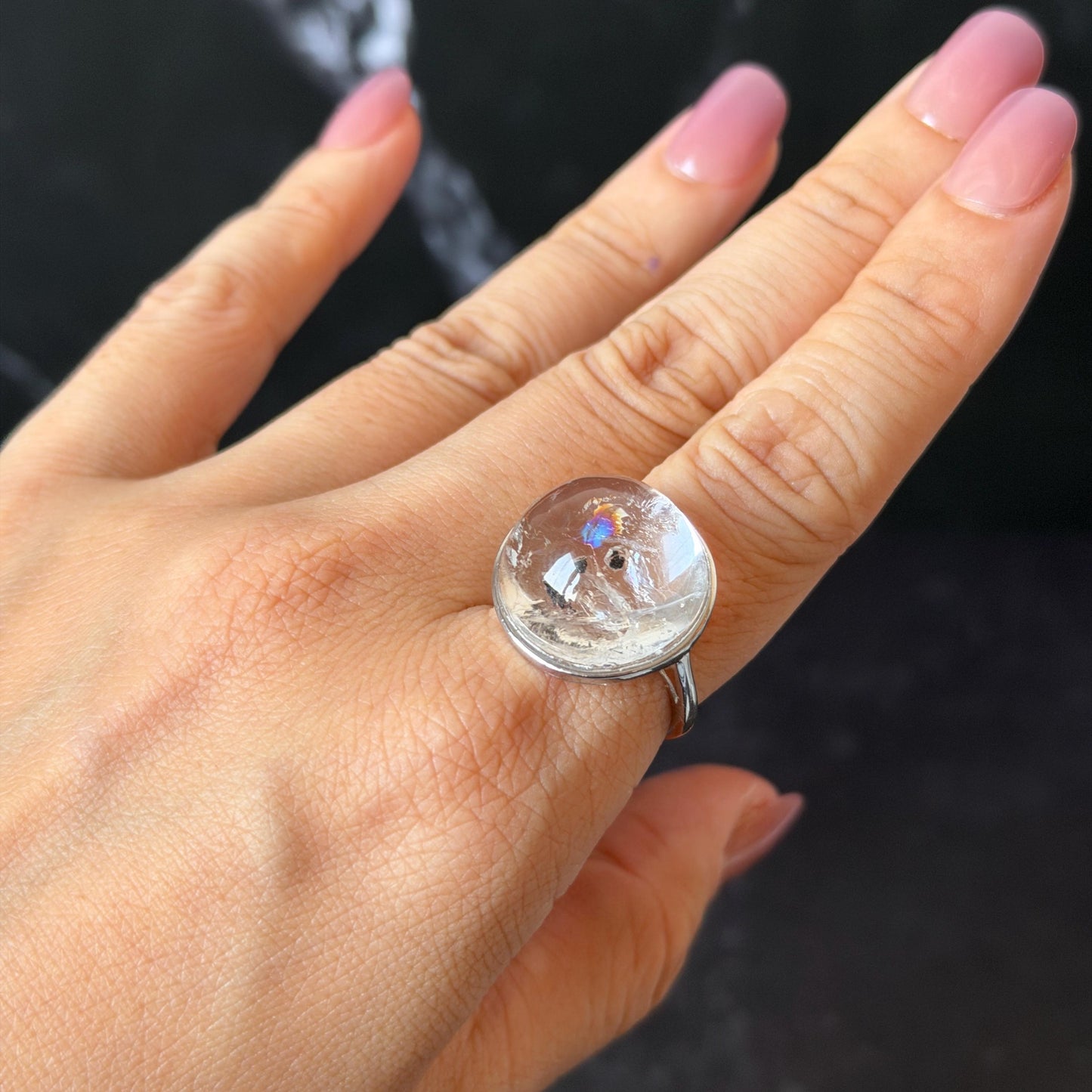 Enhydro Quartz (Herkimer Diamond) S925 Sliver Adjustable Ring: Rare Polished Crystal with Moving Sand & Black Bubble in Manifestation Quartz Natural Gemstone Birthstone Gift for her Statement Ring for Women ring crystal band ring crystal cocktail ring crystal stackable ring 7 chakra crystal ring meditation crystal healing stone birthstone silver ring ring for men rainbow quartz minerals specimen inclusion quartz quartz in quartz