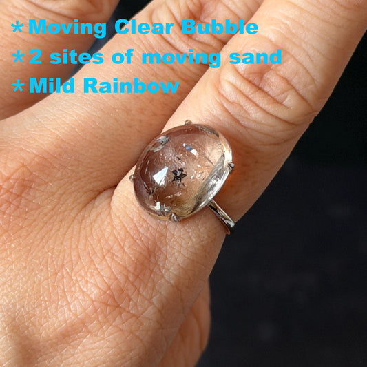 Polished Smoky Enhydro Quartz (Herkimer Diamond) S925 Silver Adjustable Ring: Mild Rainbow Moving Sand and Bubble Inclusion Crystal Statement Ring for Women ring crystal band ring crystal cocktail ring crystal stackable ring 7 chakra crystal ring meditation crystal healing stone birthstone silver ring ring for men rainbow quartz inclusion quartz inclusion crystal minerals specimen silver ring free size ring adjustable ring holder