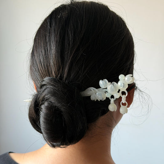 Xiu Jade Serpentine Hand carved  Lily of Valley Hair Stick with Dangle: Ice White Jade Handcrafted Hair Pin | Vintage Chinese Hair Fork with Certificate Bridal Wedding Headpiece Gift for her japanese hairpin korean hair stick chinese hair comb asian hair fork moon hair stick hair pins with dangle ice white jade carving Peony carving flower carving natural untreated jade with certificate bridal shower gift wedding hair accessory hair jewelry 3D stone carving