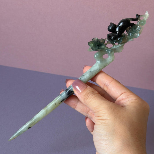 Xiu Jade Serpentine Hand Carved Cat Kitten with Butterfly Hair Pin | Natural Certified Yellow & Blue Jade Handcrafted Flower Hair Stick | Cat Lover Gift for her blue jade yellow jade brown jade carving frosty blue jade sky blue jade cat carving kitten carving hand engraved cat hair stick hand carved kitten hairpins japanese hair clip korean hair fork vintage hair comb hanfu hair pins untreated jade with certificate butterfly carving butterfly hair stick flower carving 3D stone carving