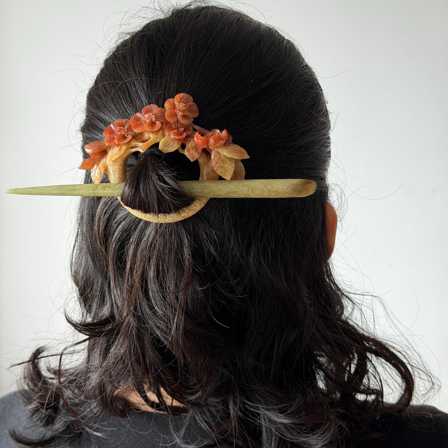 Xiu Jade Serpentine Hand Carved Plum Blossom Flower Hair Pin: Certified Natural Yellow and Red Jade Hair Stick, Asian Vintage Hair Fork Chinese Vintage Hanfu Antique Bridal Hair Fork Gift for her japanese hairpin korean hair stick chinese hair fork vintage hair comb antique hair pins hanfu hair stick bridal shower hair jewelry wedding headpiece engagement hair accessory jade carving hand engraved jade hand carved flower jade hairpins untreated natural jade with certificate flower carving