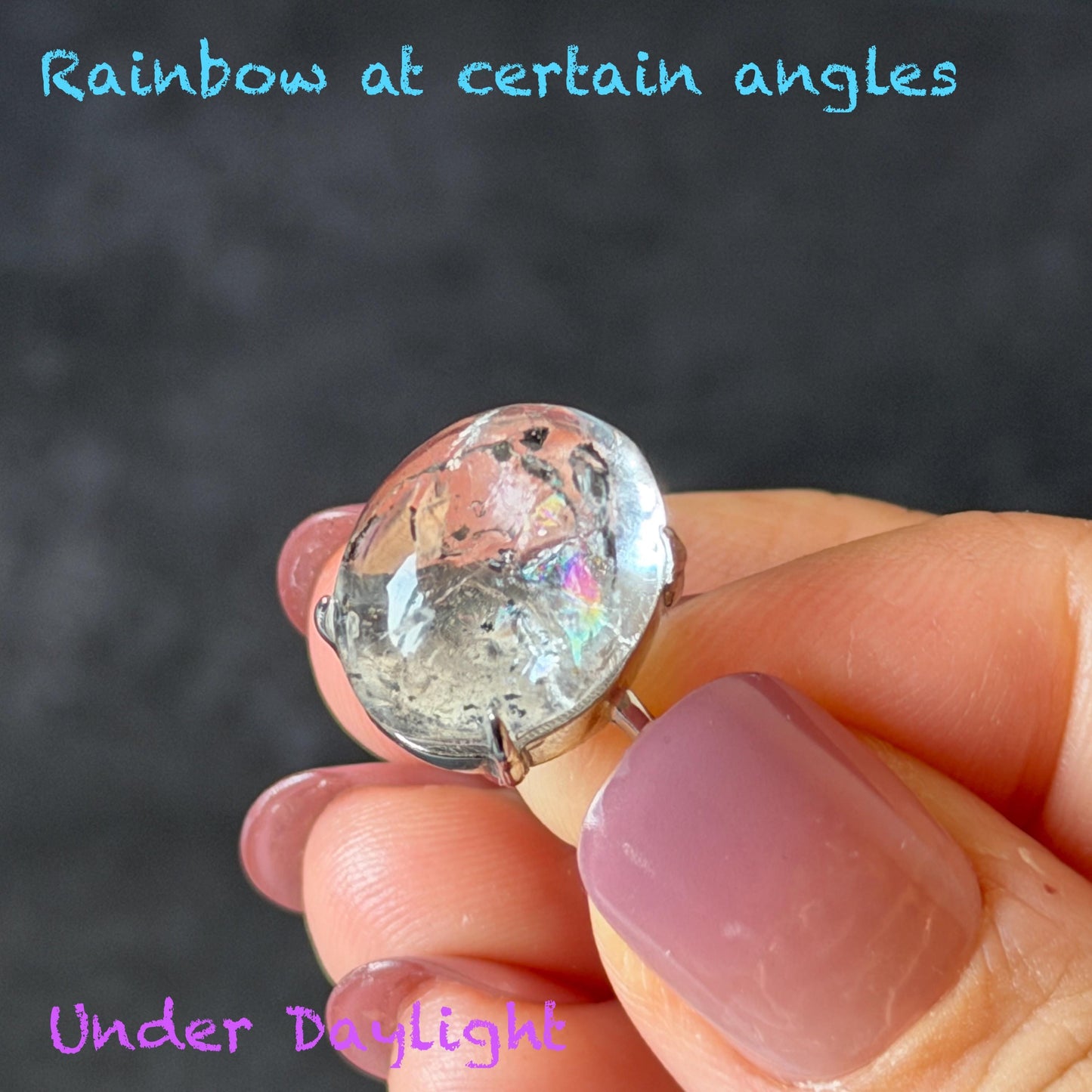 Polished Enhydro Quartz (Herkimer Diamond) S925 Silver Adjustable Ring: Big Rainbow! Moving Black Mica Sand and Black Bubble Inclusion Crystal Statement Ring for Women ring crystal band ring crystal cocktail ring crystal stackable ring 7 chakra crystal ring meditation crystal healing stone birthstone silver ring ring for men rainbow quartz inclusion quartz inclusion crystal minerals specimen silver ring free size ring adjustable ring holder black mica