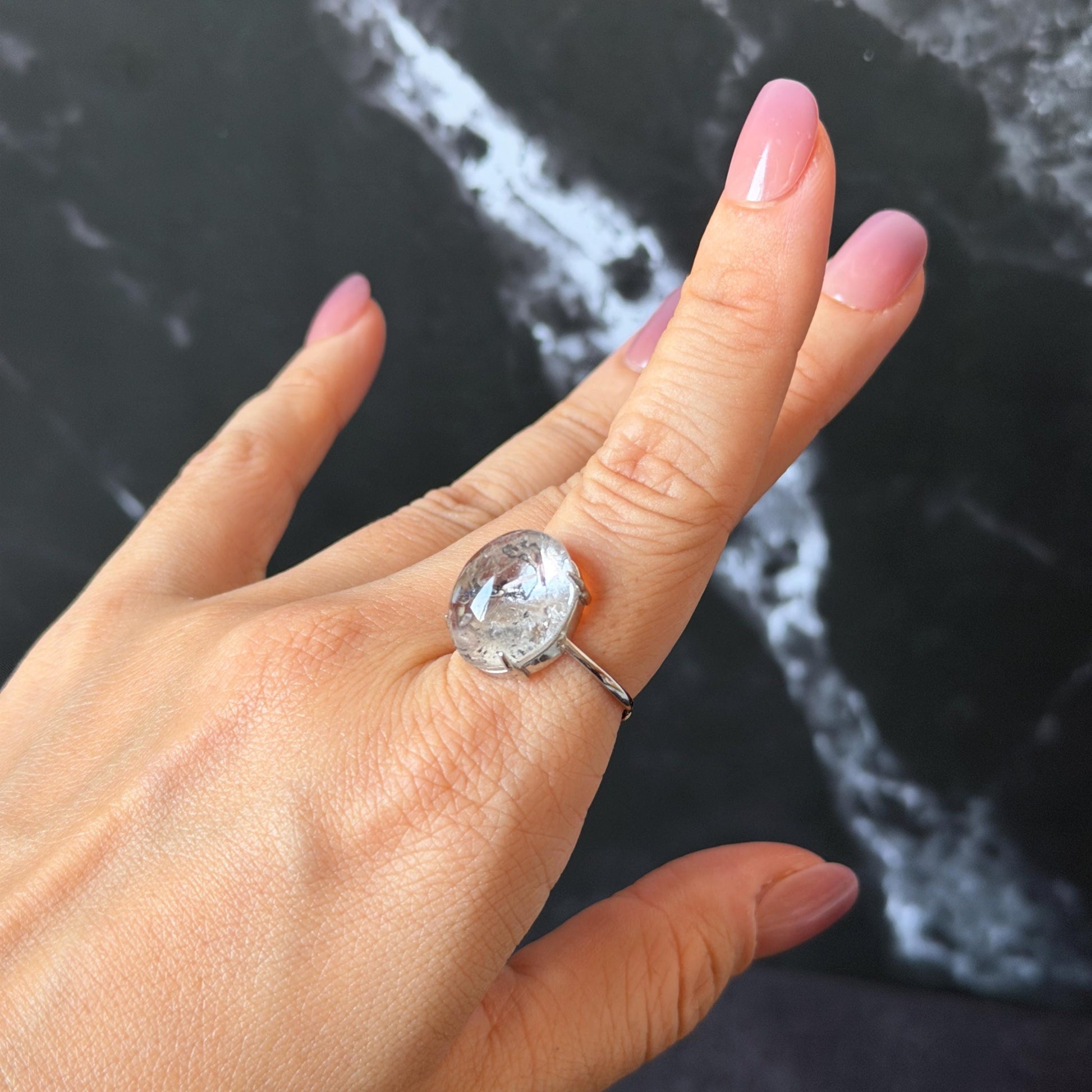 Polished Enhydro Quartz (Herkimer Diamond) S925 Silver Adjustable Ring: Big Rainbow! Moving Black Mica Sand and Black Bubble Inclusion Crystal Statement Ring for Women ring crystal band ring crystal cocktail ring crystal stackable ring 7 chakra crystal ring meditation crystal healing stone birthstone silver ring ring for men rainbow quartz inclusion quartz inclusion crystal minerals specimen silver ring free size ring adjustable ring holder black mica