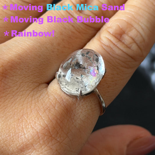 Polished Enhydro Quartz (Herkimer Diamond) S925 Silver Adjustable Ring: Big Rainbow! Moving Black Mica Sand and Black Bubble Inclusion Crystal Statement Ring for Women ring crystal band ring crystal cocktail ring crystal stackable ring 7 chakra crystal ring meditation crystal healing stone birthstone silver ring ring for men rainbow quartz inclusion quartz inclusion crystal minerals specimen silver ring free size ring adjustable ring holder black mica