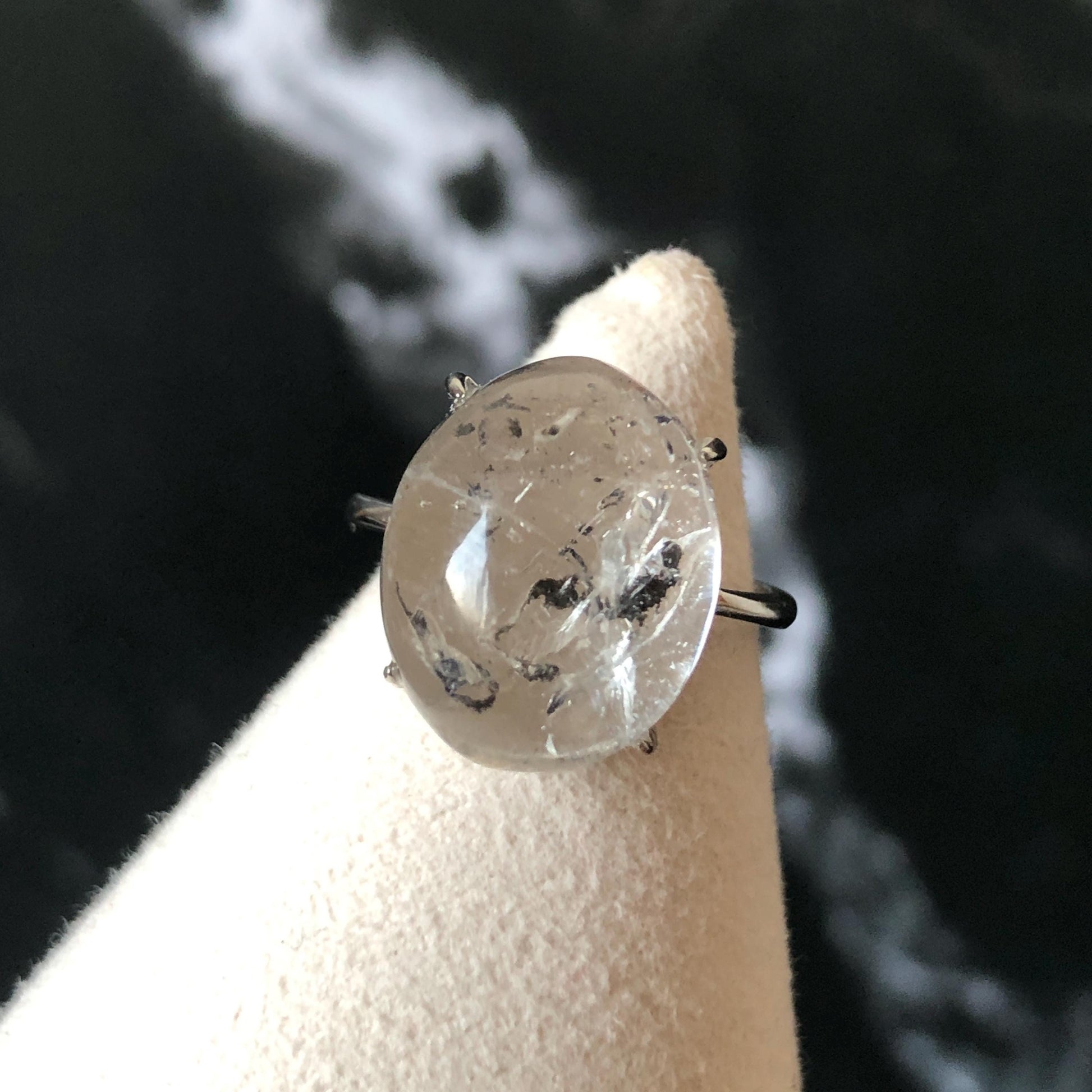 Polished Enhydro Quartz (Herkimer Diamond) S925 Silver Adjustable Ring: Big Rainbow! Moving Black Mica Sand and Black Bubble Inclusion Crystal Statement Ring for Women ring crystal band ring crystal cocktail ring crystal stackable ring 7 chakra crystal ring meditation crystal healing stone birthstone silver ring ring for men rainbow quartz inclusion quartz inclusion crystal minerals specimen silver ring free size ring adjustable ring holder black mica