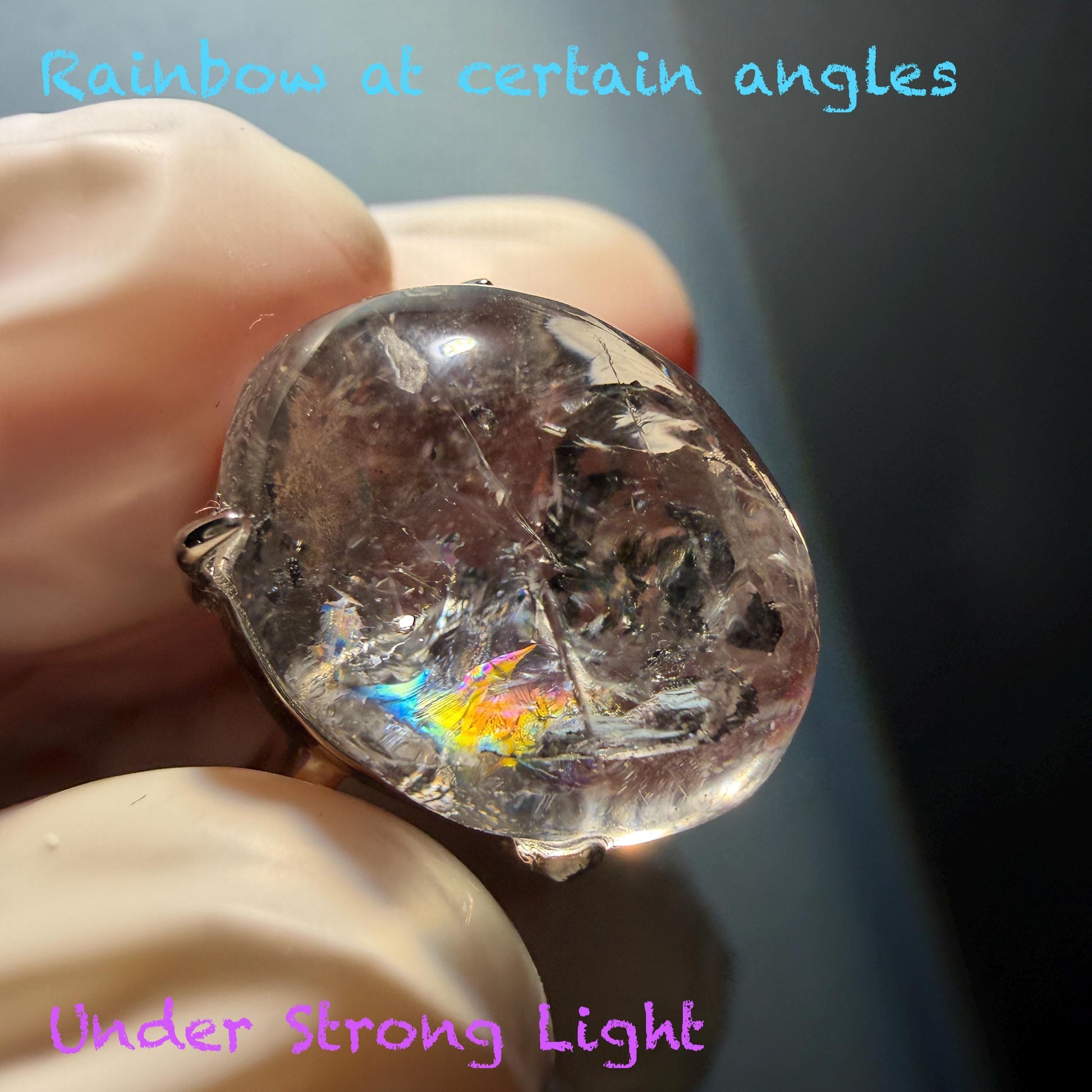 Polished Enhydro Quartz (Herkimer Diamond) S925 Silver Adjustable Ring: Big Rainbow! Moving Black Mica Sand and Black Bubble Inclusion Crystal Statement Ring for Women ring crystal band ring crystal cocktail ring crystal stackable ring 7 chakra crystal ring meditation crystal healing stone birthstone silver ring ring for men rainbow quartz inclusion quartz inclusion crystal minerals specimen silver ring free size ring adjustable ring holder black mica