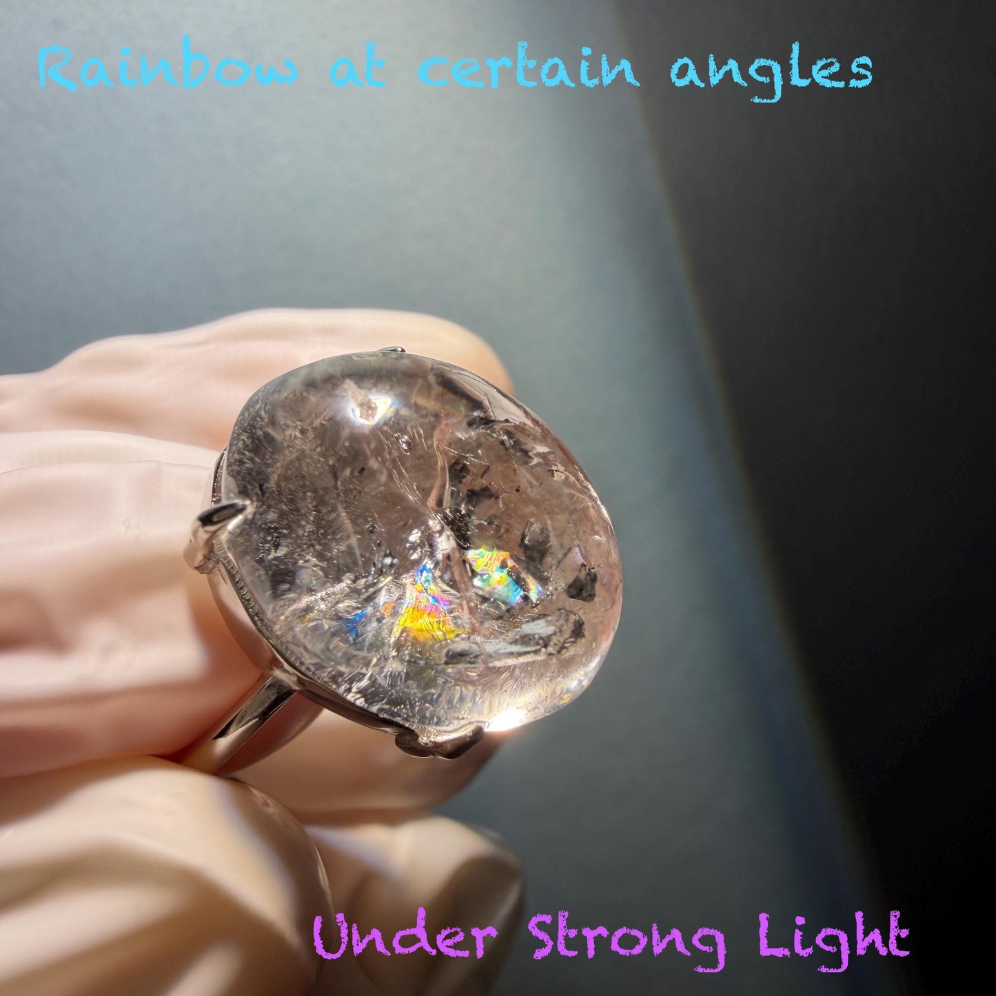 Polished Enhydro Quartz (Herkimer Diamond) S925 Silver Adjustable Ring: Big Rainbow! Moving Black Mica Sand and Black Bubble Inclusion Crystal Statement Ring for Women ring crystal band ring crystal cocktail ring crystal stackable ring 7 chakra crystal ring meditation crystal healing stone birthstone silver ring ring for men rainbow quartz inclusion quartz inclusion crystal minerals specimen silver ring free size ring adjustable ring holder black mica