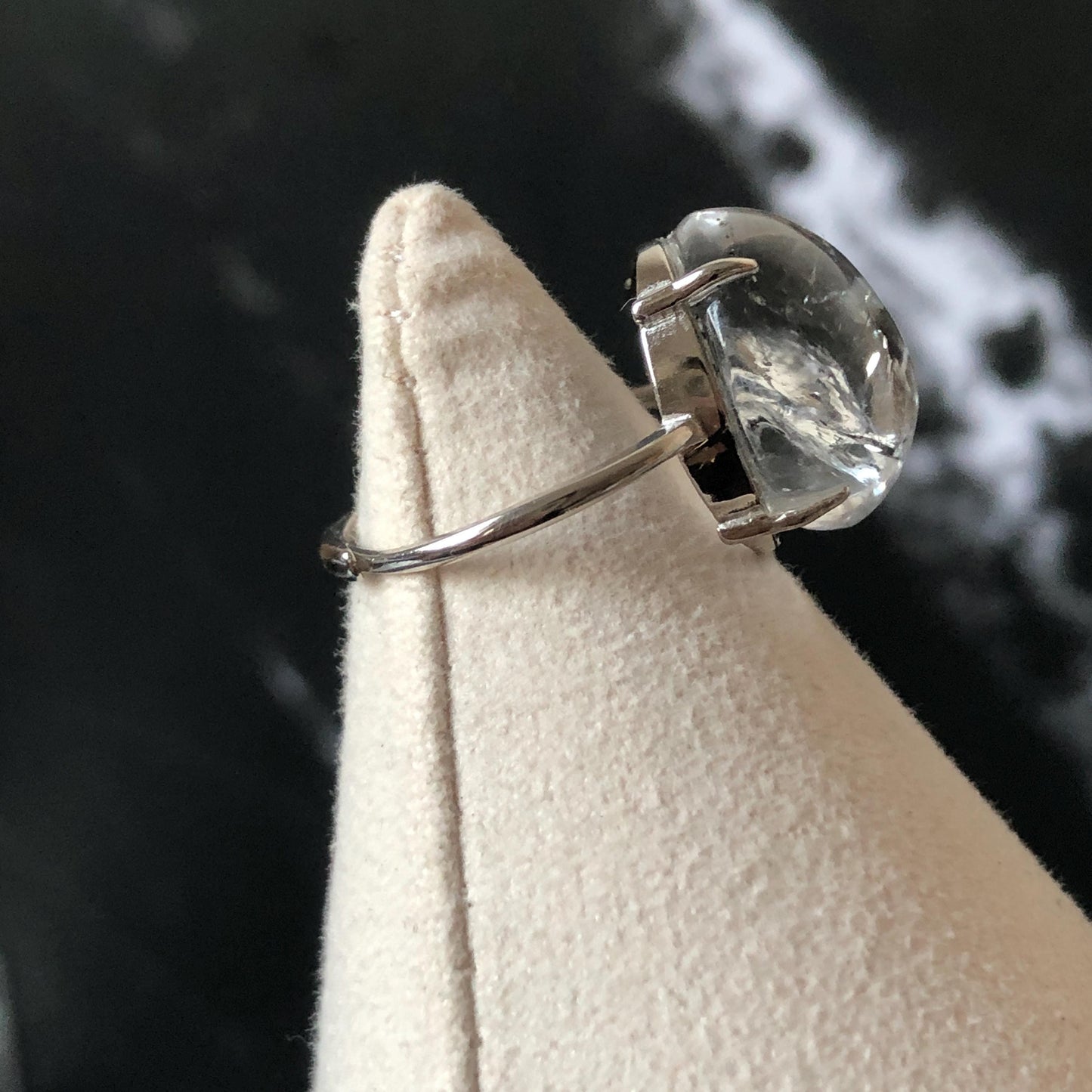 Polished Enhydro Quartz (Herkimer Diamond) S925 Silver Adjustable Ring: Big Rainbow! Moving Black Mica Sand and Black Bubble Inclusion Crystal Statement Ring for Women ring crystal band ring crystal cocktail ring crystal stackable ring 7 chakra crystal ring meditation crystal healing stone birthstone silver ring ring for men rainbow quartz inclusion quartz inclusion crystal minerals specimen silver ring free size ring adjustable ring holder black mica