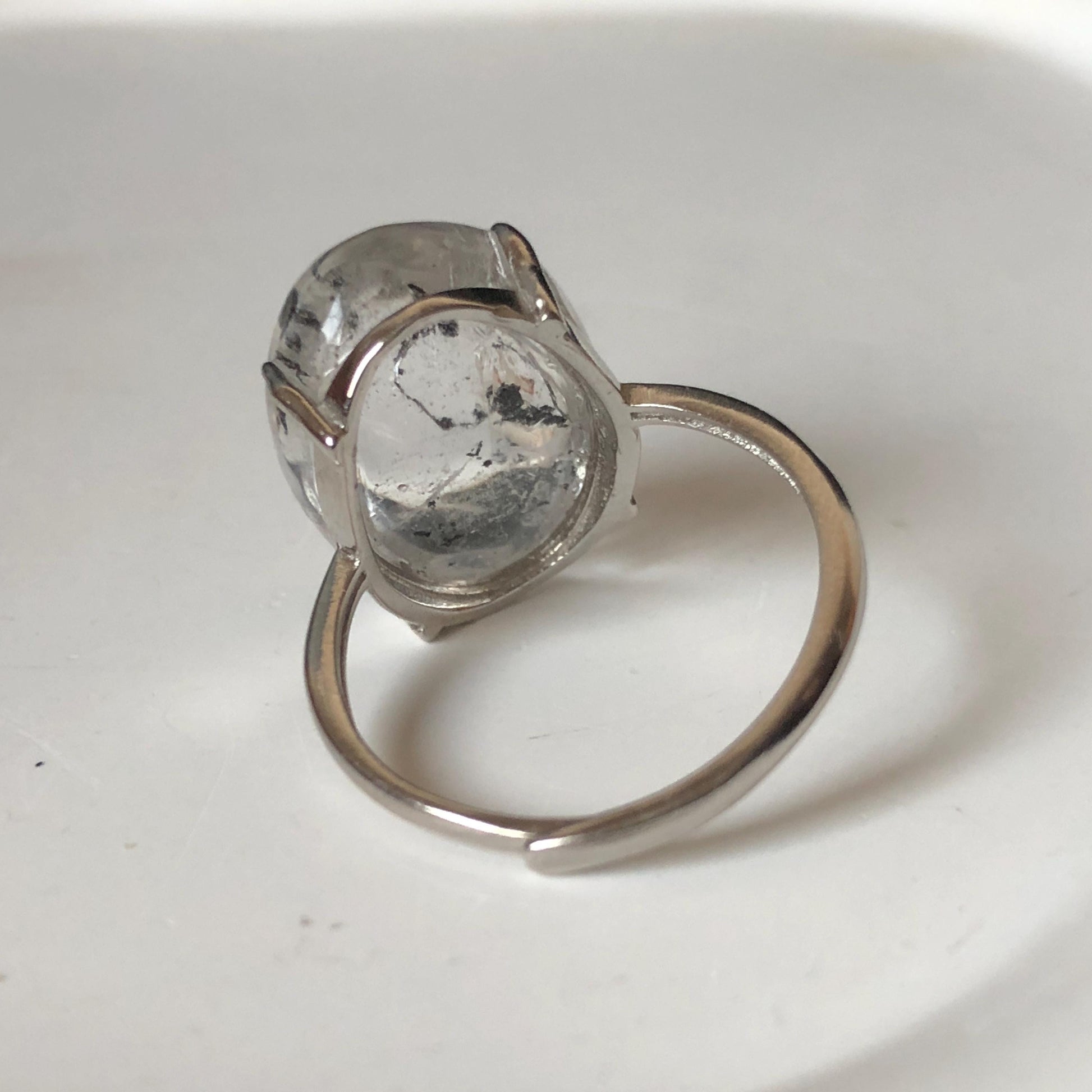 Polished Enhydro Quartz (Herkimer Diamond) S925 Silver Adjustable Ring: Big Rainbow! Moving Black Mica Sand and Black Bubble Inclusion Crystal Statement Ring for Women ring crystal band ring crystal cocktail ring crystal stackable ring 7 chakra crystal ring meditation crystal healing stone birthstone silver ring ring for men rainbow quartz inclusion quartz inclusion crystal minerals specimen silver ring free size ring adjustable ring holder black mica