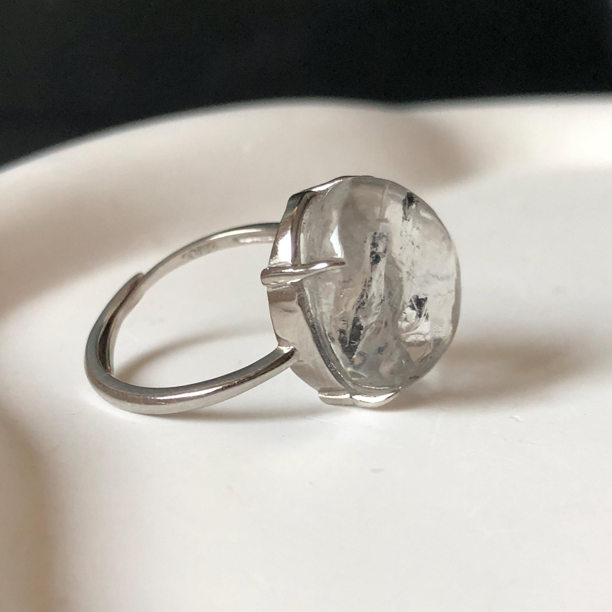 Polished Enhydro Quartz (Herkimer Diamond) S925 Silver Adjustable Ring: Big Rainbow! Moving Black Mica Sand and Black Bubble Inclusion Crystal Statement Ring for Women ring crystal band ring crystal cocktail ring crystal stackable ring 7 chakra crystal ring meditation crystal healing stone birthstone silver ring ring for men rainbow quartz inclusion quartz inclusion crystal minerals specimen silver ring free size ring adjustable ring holder black mica