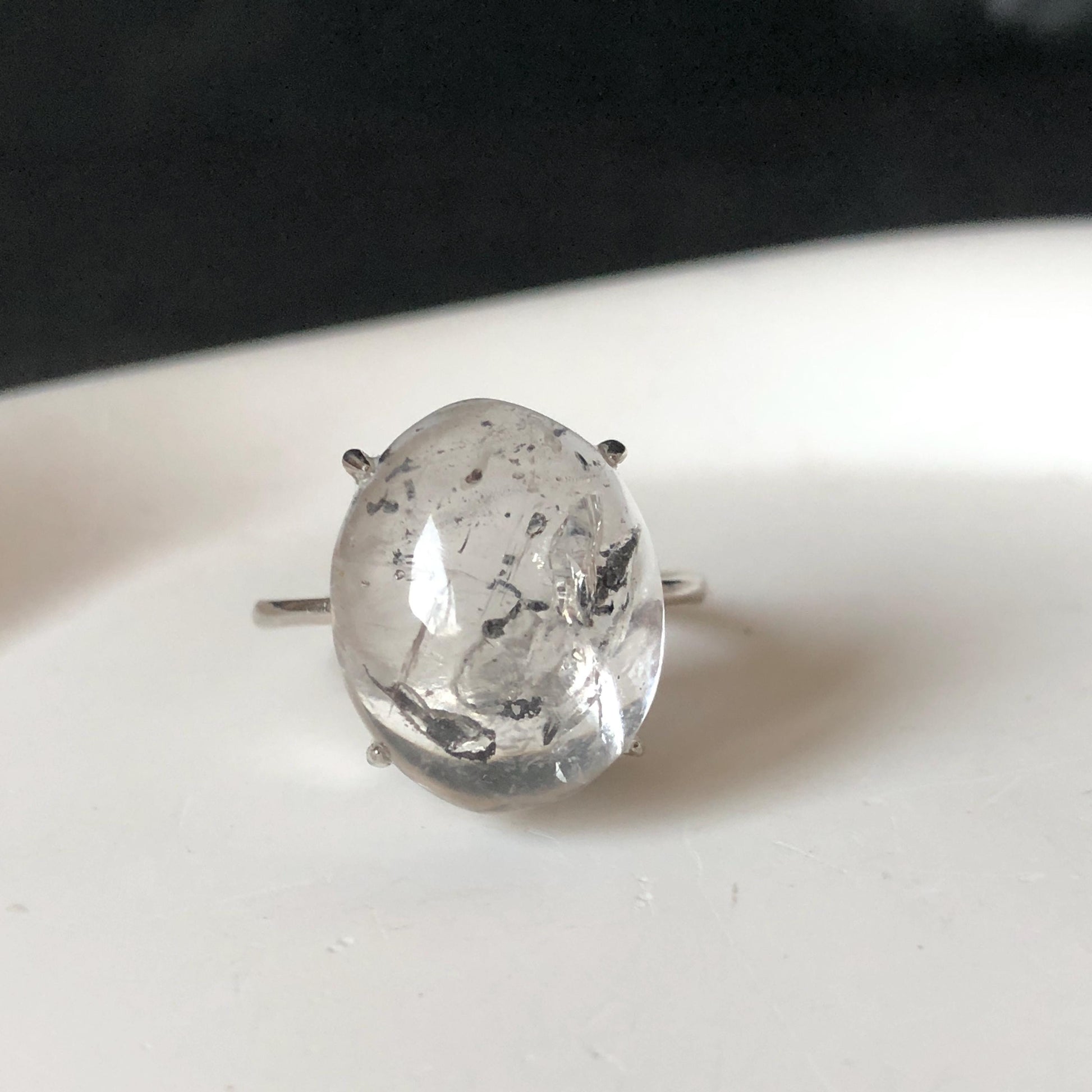 Polished Enhydro Quartz (Herkimer Diamond) S925 Silver Adjustable Ring: Big Rainbow! Moving Black Mica Sand and Black Bubble Inclusion Crystal Statement Ring for Women ring crystal band ring crystal cocktail ring crystal stackable ring 7 chakra crystal ring meditation crystal healing stone birthstone silver ring ring for men rainbow quartz inclusion quartz inclusion crystal minerals specimen silver ring free size ring adjustable ring holder black mica