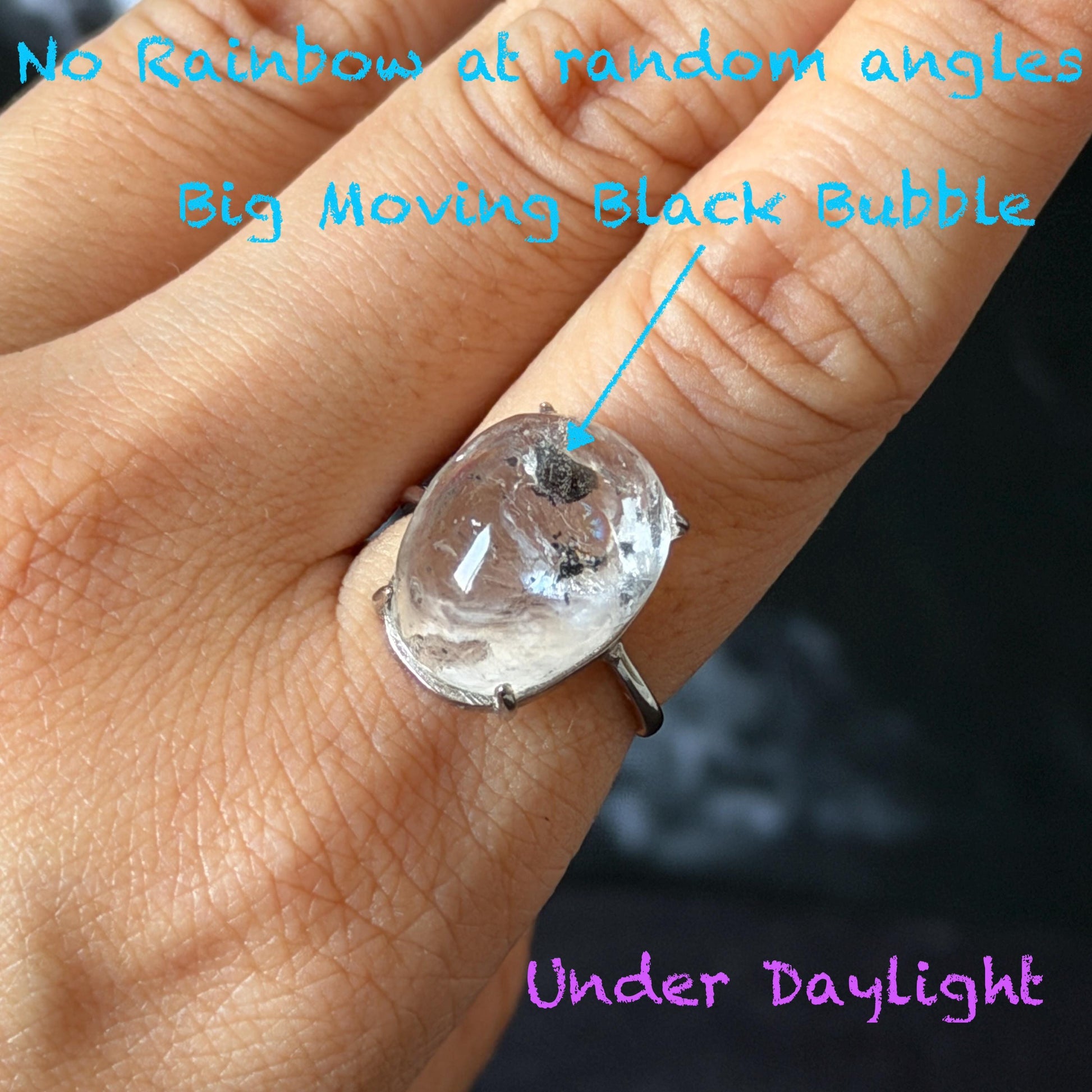 Polished Enhydro Quartz (Herkimer Diamond) S925 Silver Adjustable Ring: Big Rainbow! Moving Black Bubble Inclusion Crystal Statement Ring for Women ring crystal band ring crystal cocktail ring crystal stackable ring 7 chakra crystal ring meditation crystal healing stone birthstone silver ring ring for men rainbow quartz inclusion quartz inclusion crystal minerals specimen silver ring free size ring adjustable ring holder
