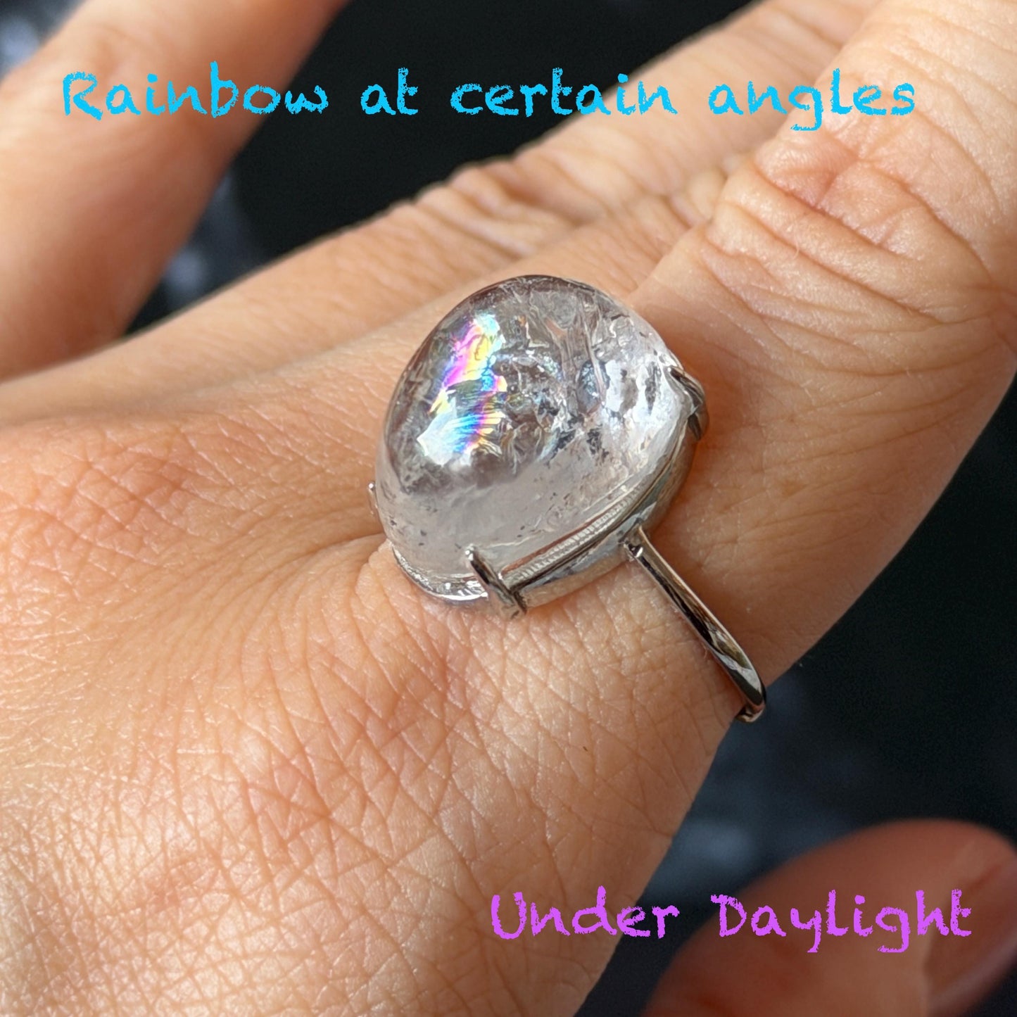 Polished Enhydro Quartz (Herkimer Diamond) S925 Silver Adjustable Ring: Big Rainbow! Moving Black Bubble Inclusion Crystal Statement Ring for Women ring crystal band ring crystal cocktail ring crystal stackable ring 7 chakra crystal ring meditation crystal healing stone birthstone silver ring ring for men rainbow quartz inclusion quartz inclusion crystal minerals specimen silver ring free size ring adjustable ring holder
