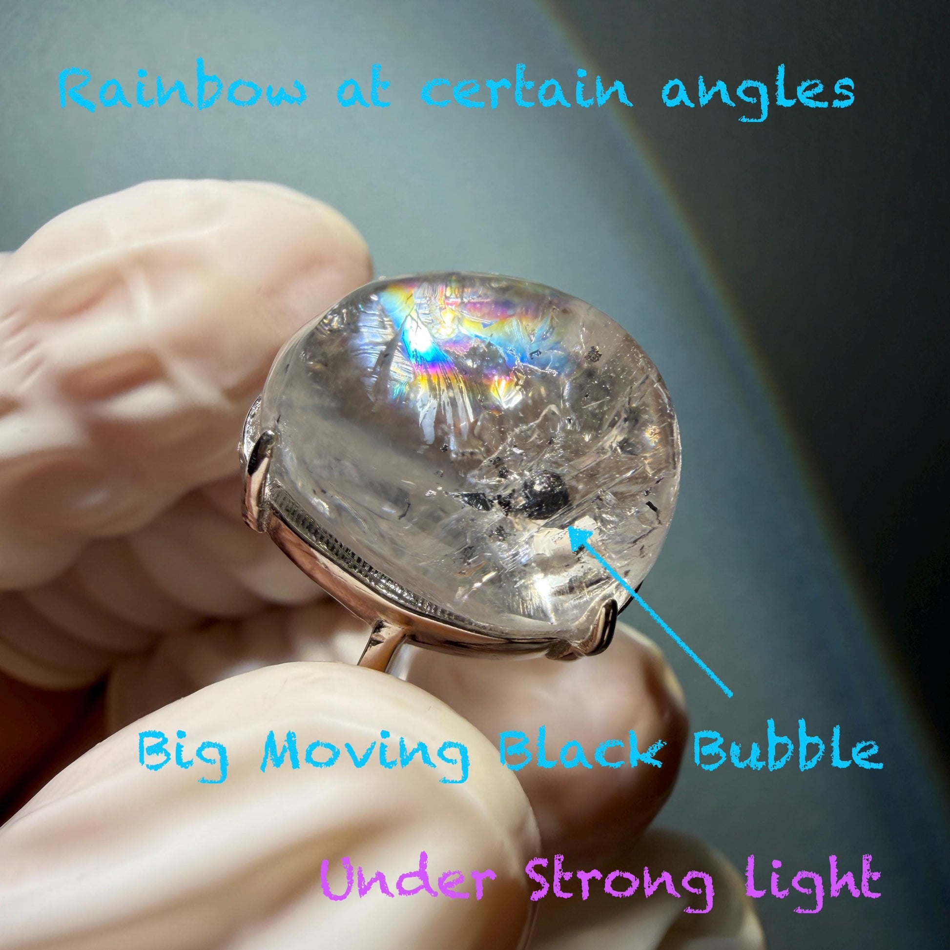 Polished Enhydro Quartz (Herkimer Diamond) S925 Silver Adjustable Ring: Big Rainbow! Moving Black Bubble Inclusion Crystal Statement Ring for Women ring crystal band ring crystal cocktail ring crystal stackable ring 7 chakra crystal ring meditation crystal healing stone birthstone silver ring ring for men rainbow quartz inclusion quartz inclusion crystal minerals specimen silver ring free size ring adjustable ring holder