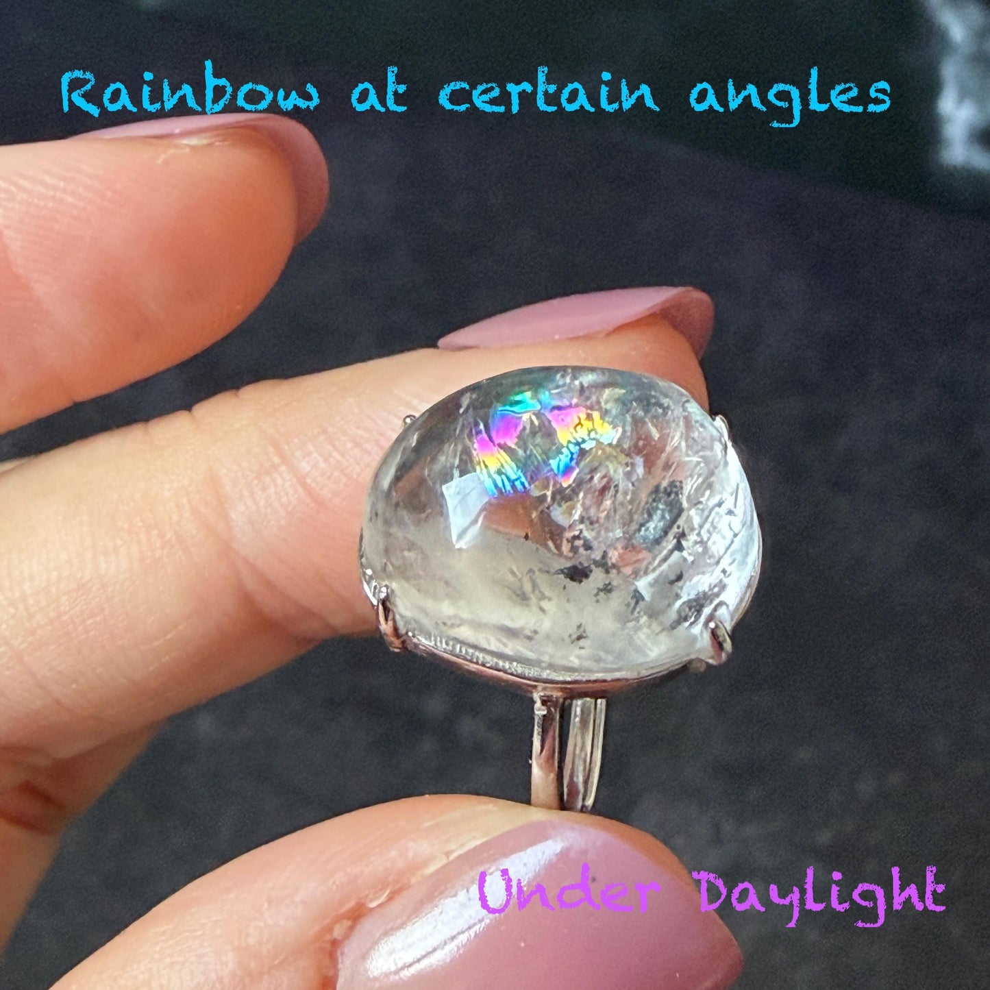 Polished Enhydro Quartz (Herkimer Diamond) S925 Silver Adjustable Ring: Big Rainbow! Moving Black Bubble Inclusion Crystal Statement Ring for Women ring crystal band ring crystal cocktail ring crystal stackable ring 7 chakra crystal ring meditation crystal healing stone birthstone silver ring ring for men rainbow quartz inclusion quartz inclusion crystal minerals specimen silver ring free size ring adjustable ring holder