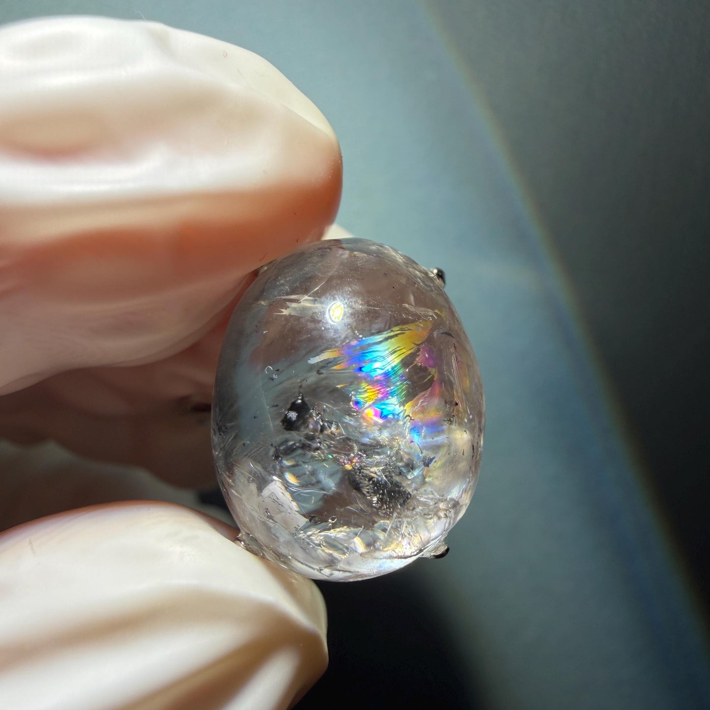 Polished Enhydro Quartz (Herkimer Diamond) S925 Silver Adjustable Ring: Big Rainbow! Moving Black Bubble Inclusion Crystal Statement Ring for Women ring crystal band ring crystal cocktail ring crystal stackable ring 7 chakra crystal ring meditation crystal healing stone birthstone silver ring ring for men rainbow quartz inclusion quartz inclusion crystal minerals specimen silver ring free size ring adjustable ring holder