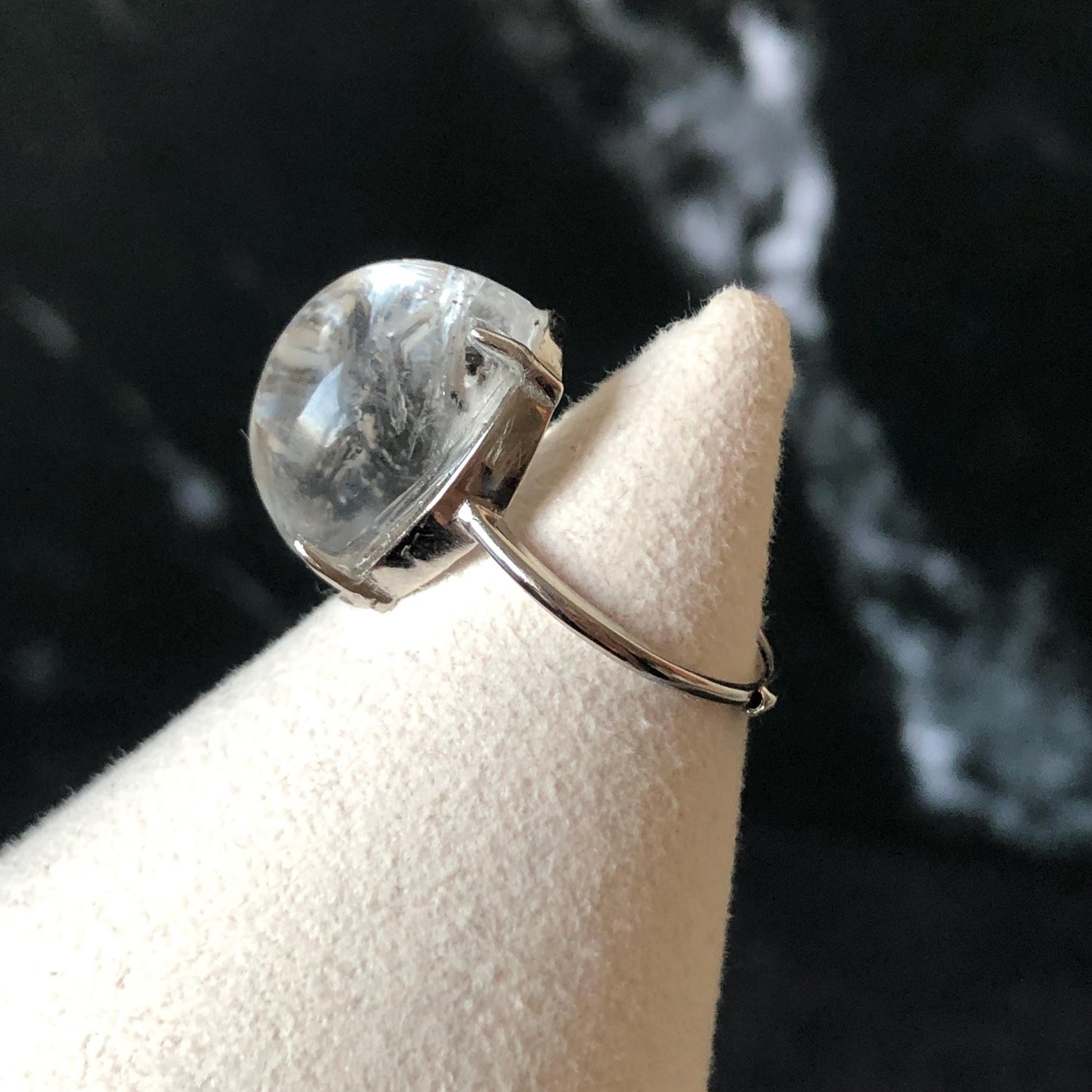 Polished Enhydro Quartz (Herkimer Diamond) S925 Silver Adjustable Ring: Big Rainbow! Moving Black Bubble Inclusion Crystal Statement Ring for Women ring crystal band ring crystal cocktail ring crystal stackable ring 7 chakra crystal ring meditation crystal healing stone birthstone silver ring ring for men rainbow quartz inclusion quartz inclusion crystal minerals specimen silver ring free size ring adjustable ring holder