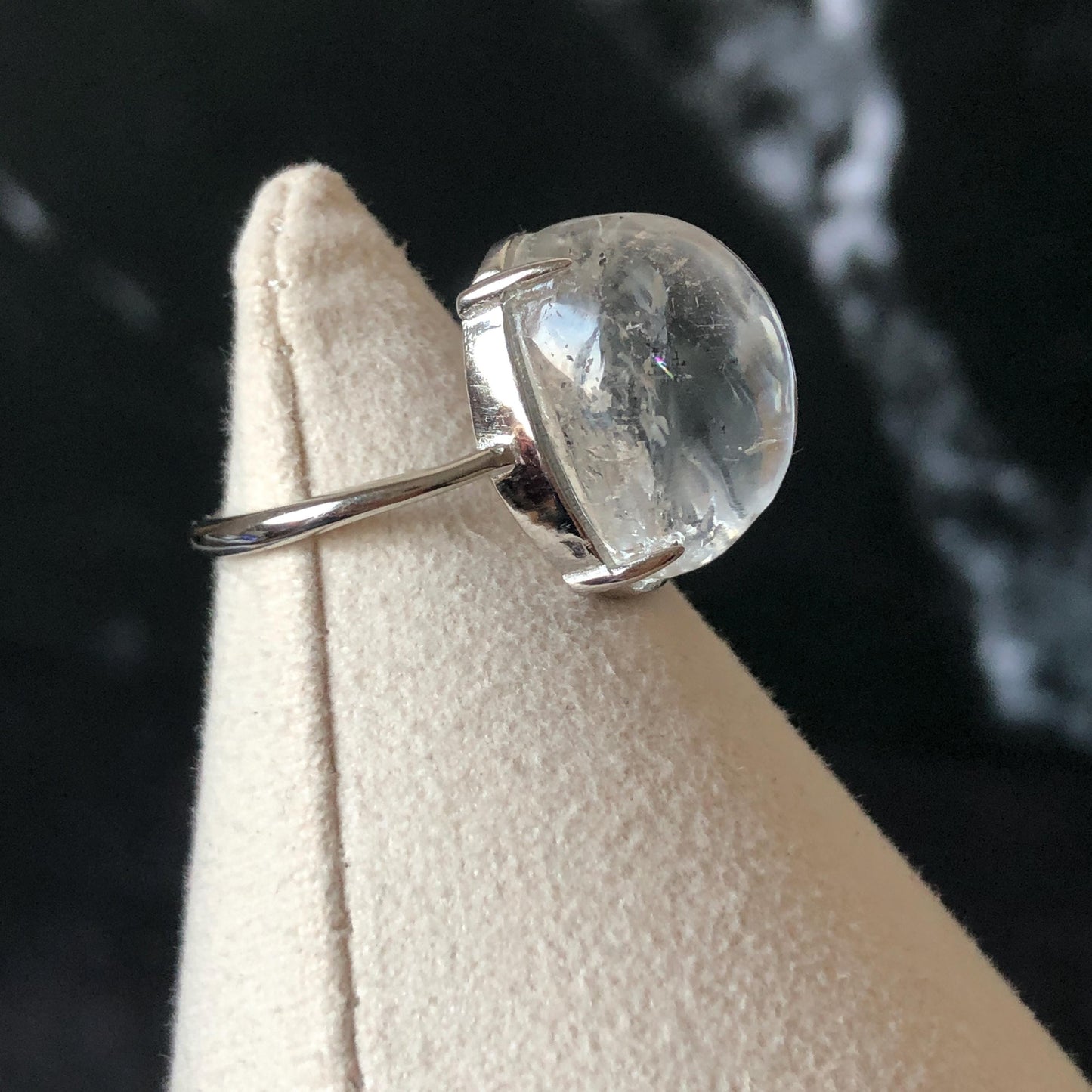 Polished Enhydro Quartz (Herkimer Diamond) S925 Silver Adjustable Ring: Big Rainbow! Moving Black Bubble Inclusion Crystal Statement Ring for Women ring crystal band ring crystal cocktail ring crystal stackable ring 7 chakra crystal ring meditation crystal healing stone birthstone silver ring ring for men rainbow quartz inclusion quartz inclusion crystal minerals specimen silver ring free size ring adjustable ring holder