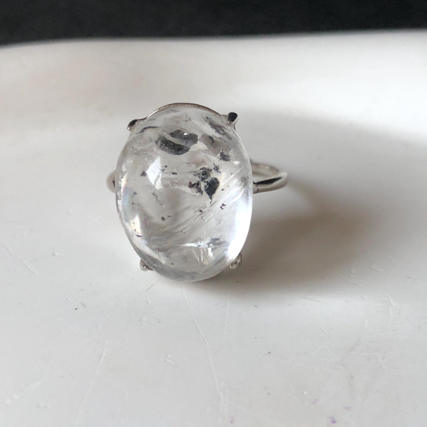 Polished Enhydro Quartz (Herkimer Diamond) S925 Silver Adjustable Ring: Big Rainbow! Moving Black Bubble Inclusion Crystal Statement Ring for Women ring crystal band ring crystal cocktail ring crystal stackable ring 7 chakra crystal ring meditation crystal healing stone birthstone silver ring ring for men rainbow quartz inclusion quartz inclusion crystal minerals specimen silver ring free size ring adjustable ring holder